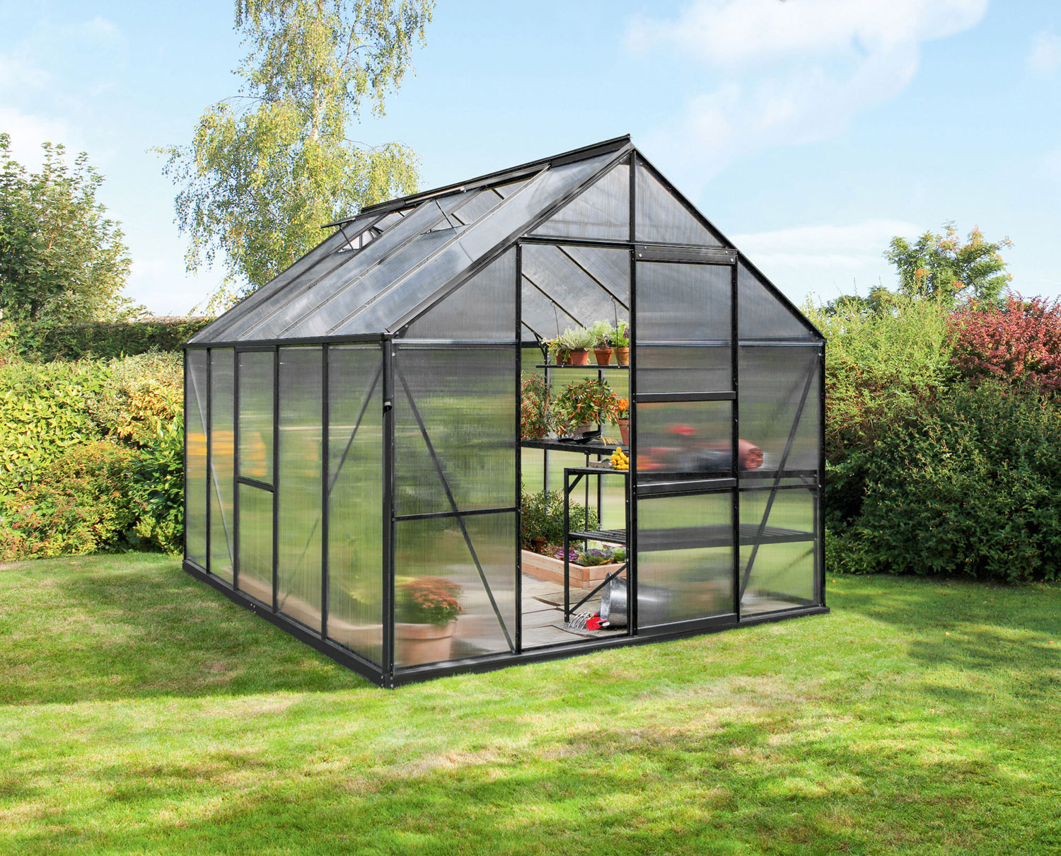 Gewächshaus Meridian 1 8300, Farbe: Schwarz pulverbeschichtet, verglast mit: Hohlkammerplatten (HKP)