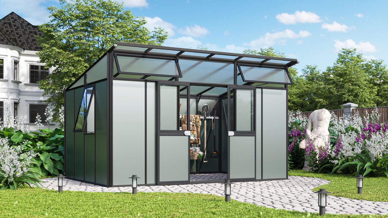 Premium Gerätehaus Kosmos 11500, Farbe: Schwarz pulverbeschichtet, verglast mit: Sicherheitsglas (ESG)