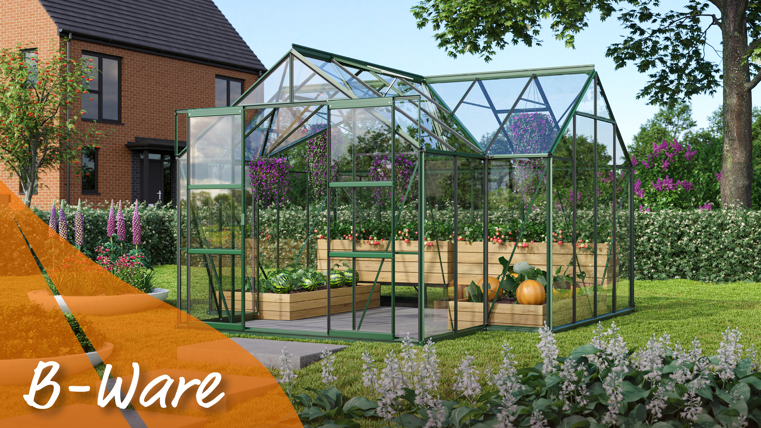 Vollverglast und in Smaragd: Sondermodell Sirius 13000 mit Kreuzdach, Farbe: Smaragd pulverbeschichtet, verglast mit: Sicherheitsglas (ESG)