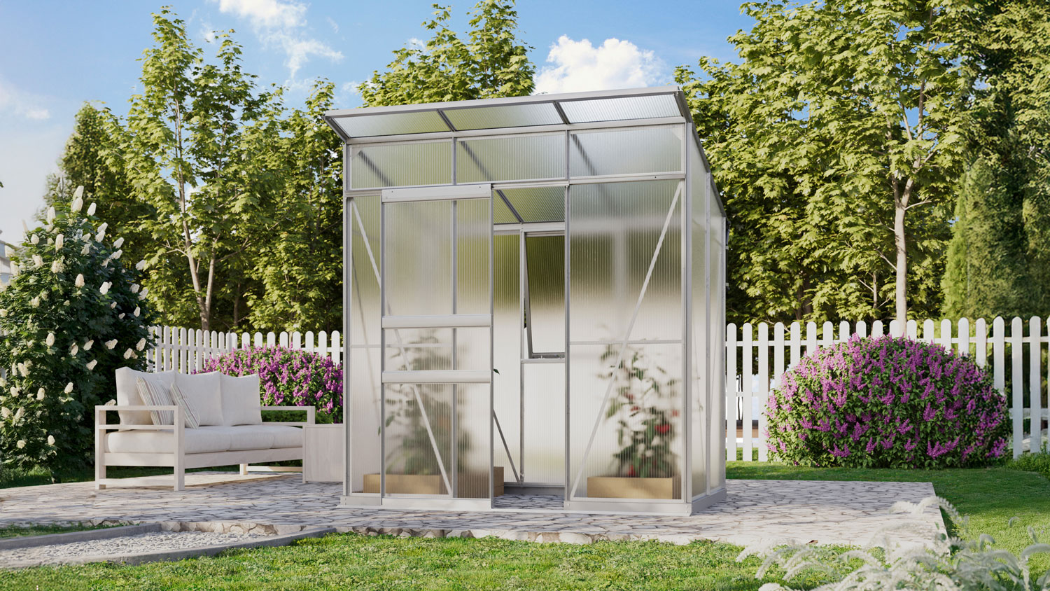 Gewächshaus Fokus 3250 mit Pultdach, Farbe: Aluminium eloxiert, verglast mit: Hohlkammerplatten (HKP)