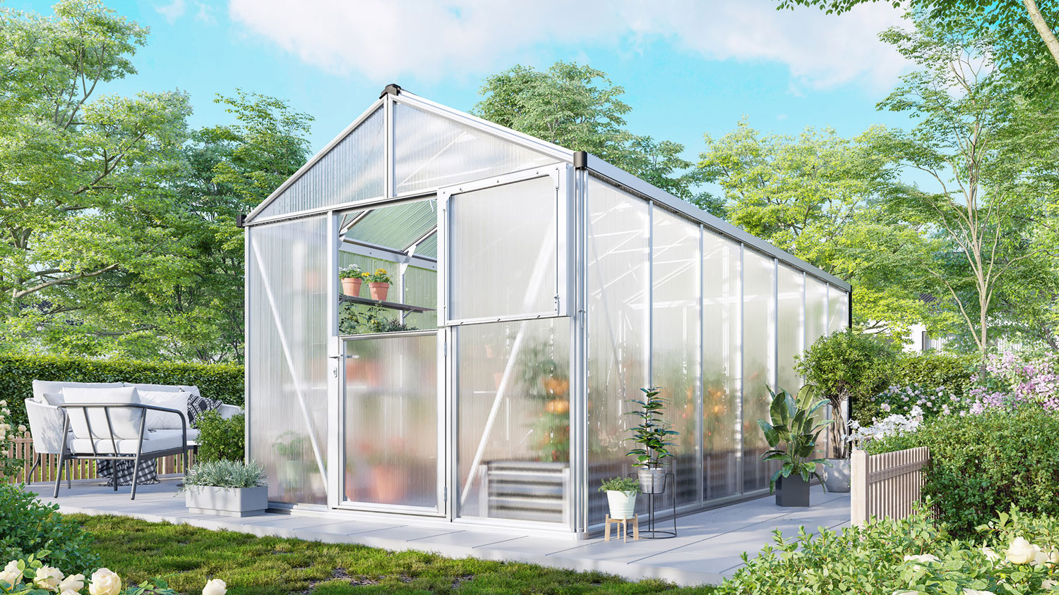 Gewächshaus Zeus 13800, Farbe: Aluminium eloxiert, verglast mit: Hohlkammerplatten (HKP)