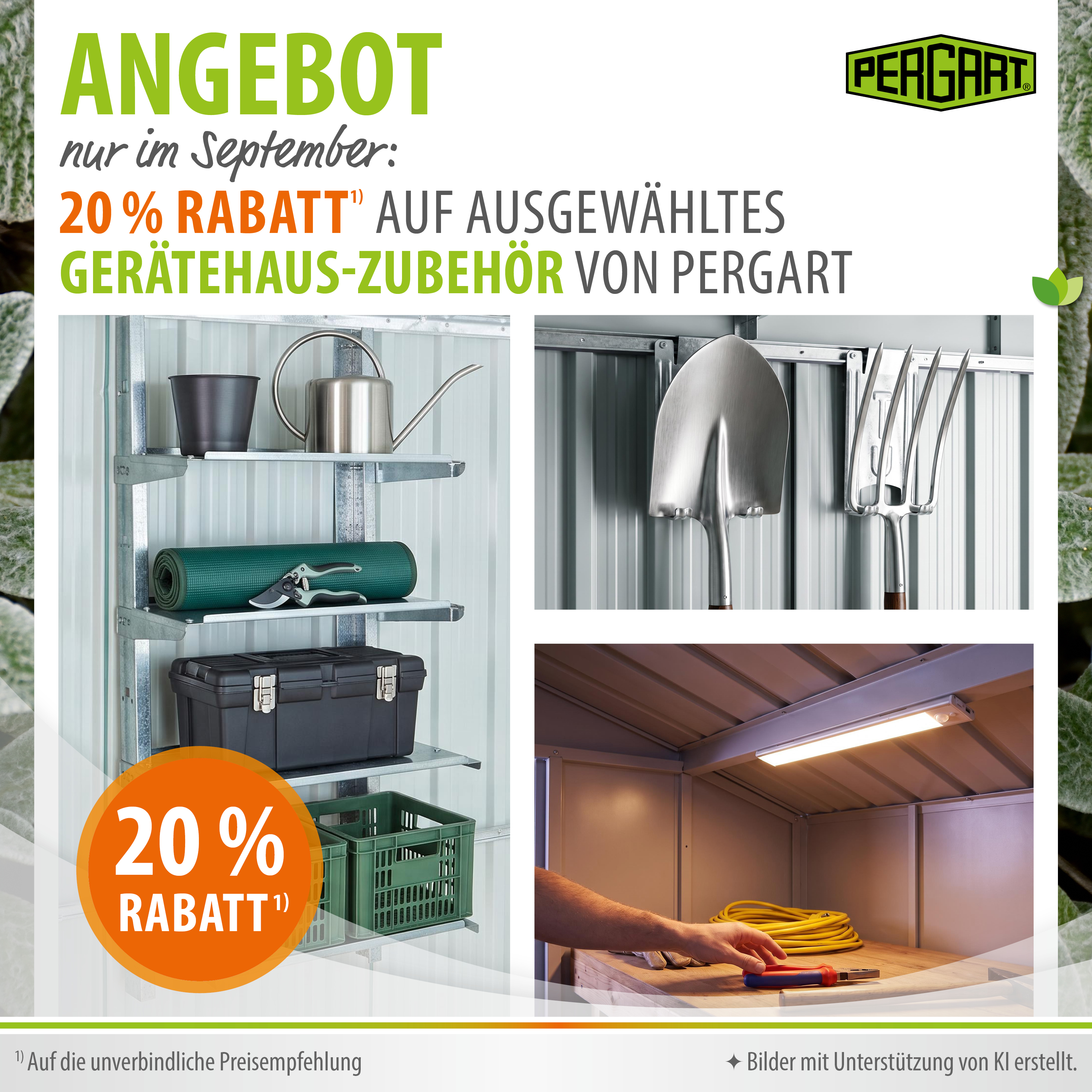 Aktions-Banner September 2026: 20 % auf ausgewähltes Gerätehauszubehör von Pergart