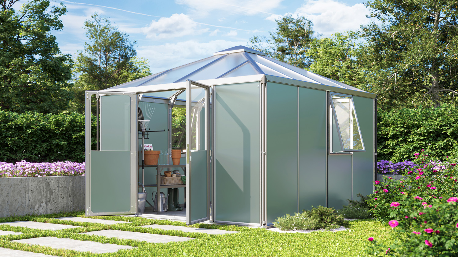 Gerätehaus Universum 10200 mit Pavillondach, Farbe: Aluminium eloxiert, verglast mit: Sicherheitsglas (ESG)