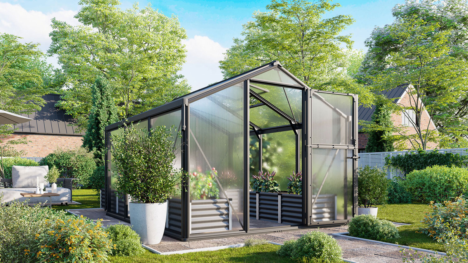 Gewächshaus Deimos 8500, Farbe: Schwarz pulverbeschichtet, verglast mit: Hohlkammerplatten (HKP)