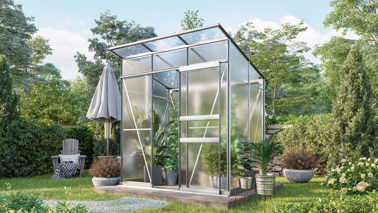 Gewächshaus Palma 3250 mit Pultdach, Farbe: Aluminium eloxiert, verglast mit: Hohlkammerplatten (HKP)
