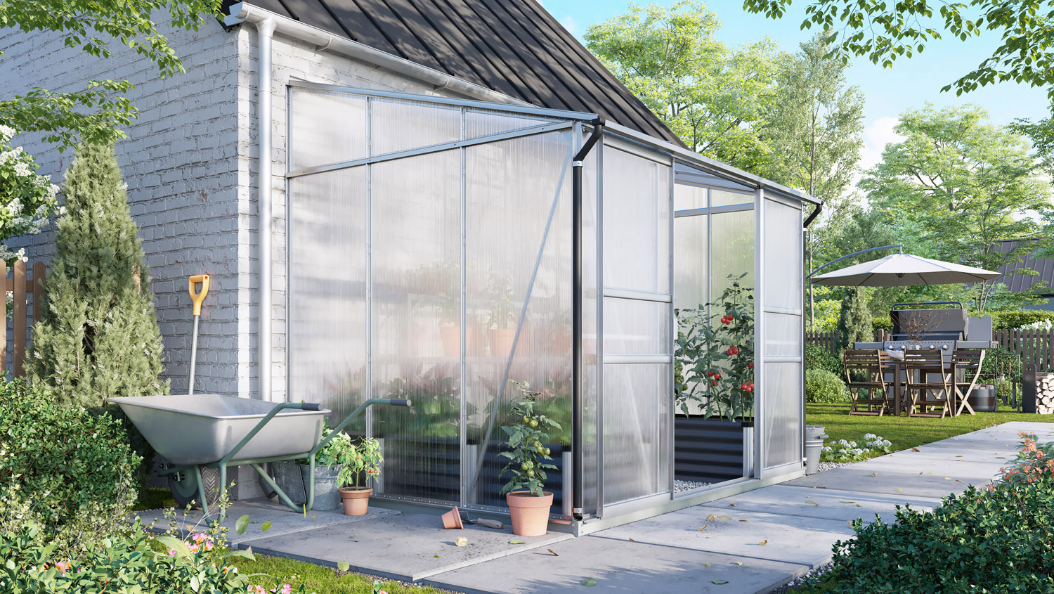 Gewächshaus Osiris 5200 mit Pultdach, Farbe: Aluminium eloxiert, verglast mit: Hohlkammerplatten (HKP)