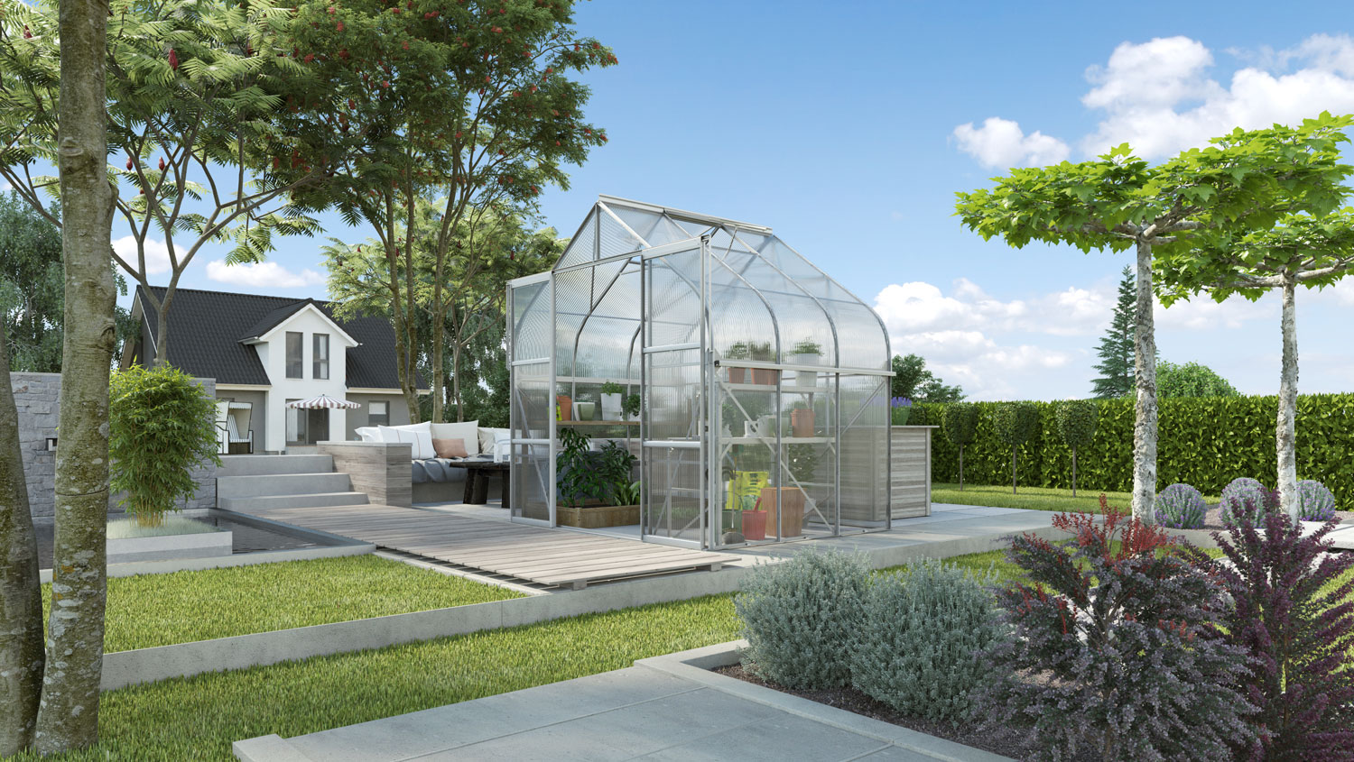 Gewächshaus Diana 5000 mit Glockendach, Farbe: Aluminium eloxiert, verglast mit: Hohlkammerplatten (HKP)