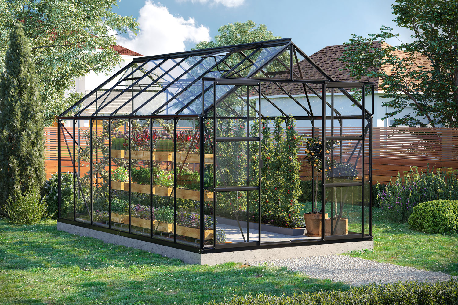 Gewächshaus Uranus 11500, Farbe: Schwarz pulverbeschichtet, verglast mit: Sicherheitsglas (ESG)