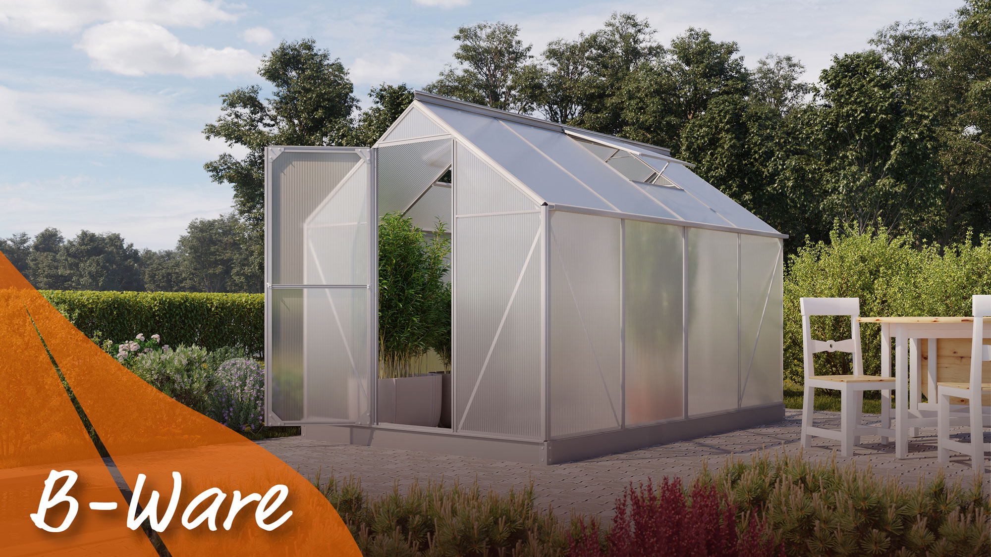 Gewächshaus Eos 6000, Farbe: Aluminium eloxiert, verglast mit: Hohlkammerplatten (HKP)