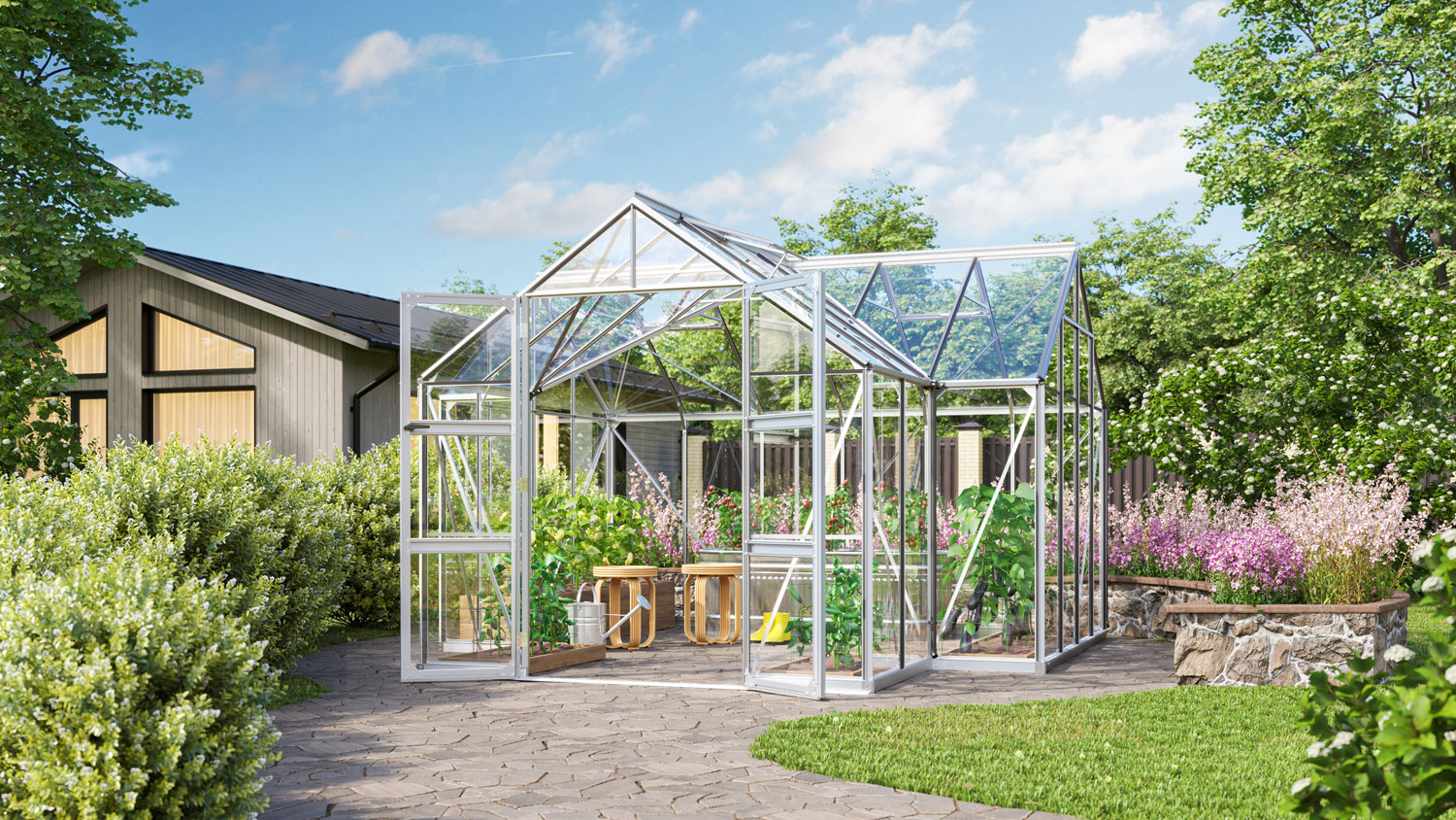 Gewächshaus Campus 13000 mit Kreuzdach, Farbe: Aluminium eloxiert, verglast mit: Sicherheitsglas (ESG)