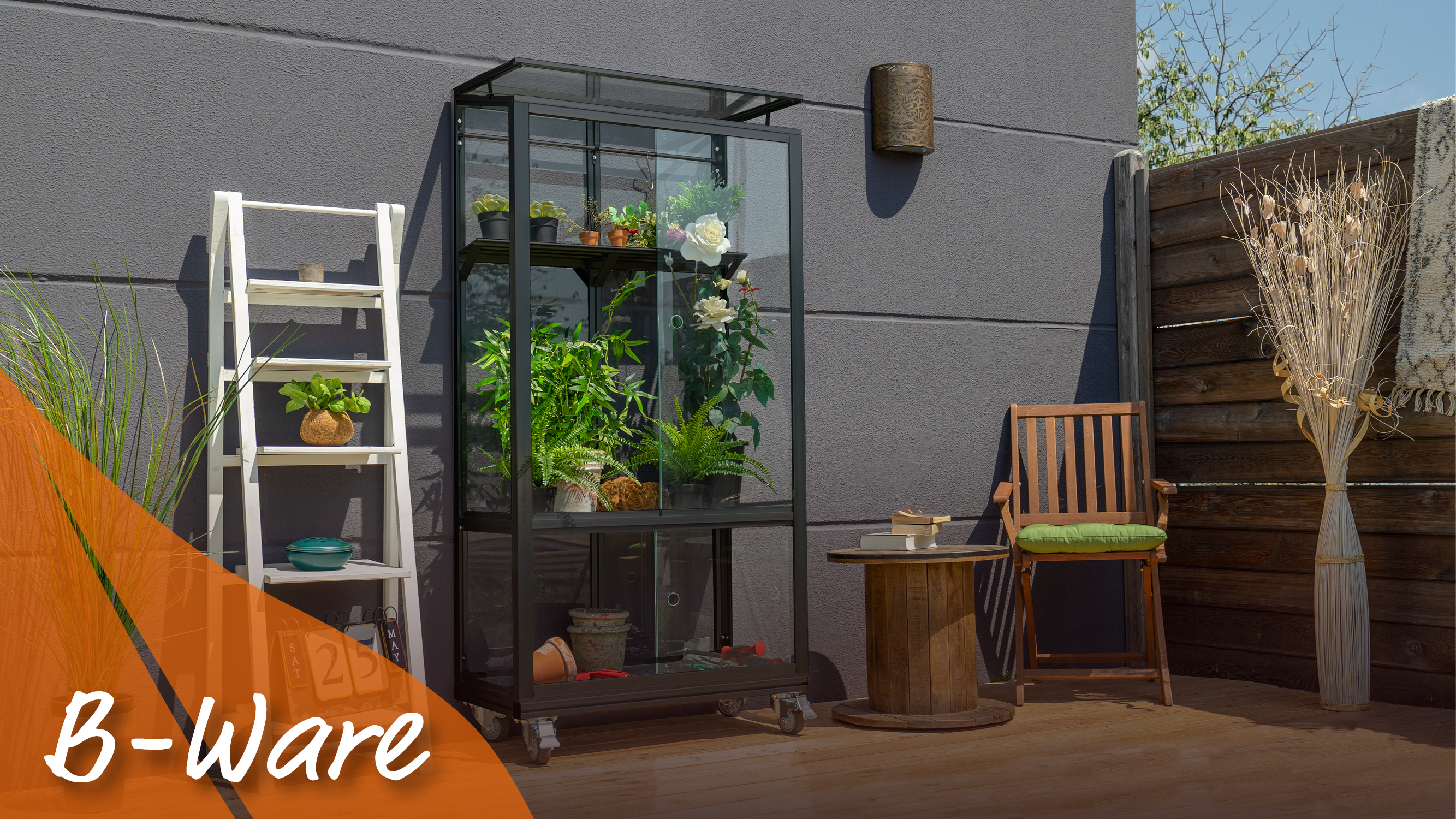 Balkongewächshaus Stad 350, Farbe: Schwarz pulverbeschichtet, verglast mit: Sicherheitsglas (ESG)