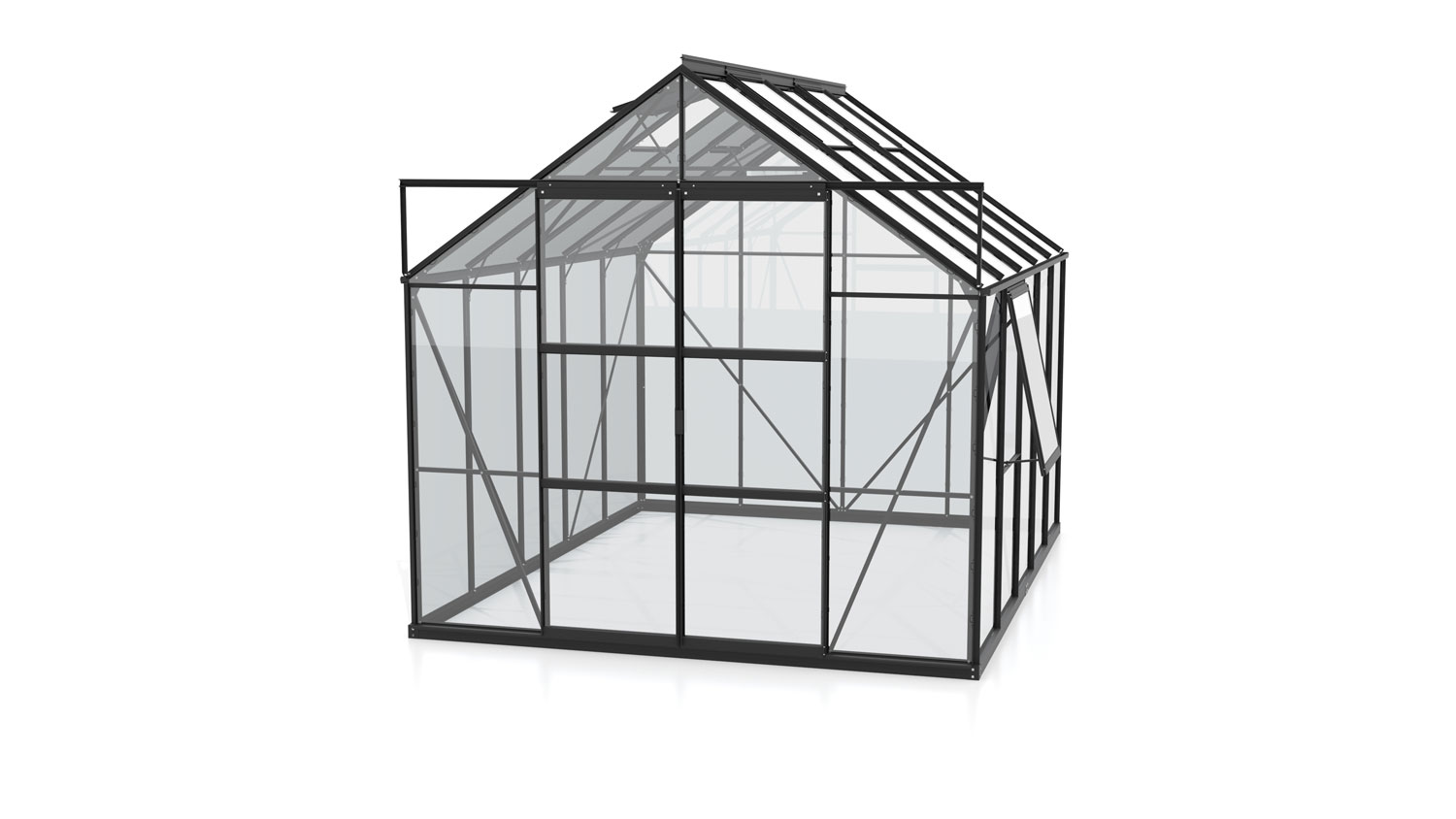 Gewächshaus Jupiter-Set mit LED-Leuchte 8300 mit Satteldach, Farbe: Schwarz pulverbeschichtet, verglast mit: Sicherheitsglas (ESG)