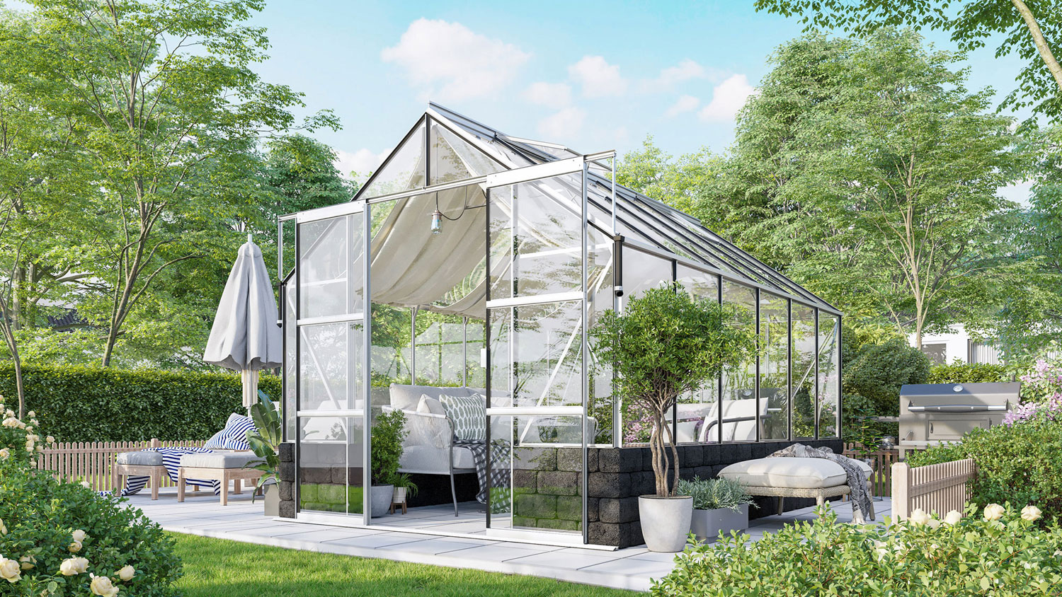 Gewächshaus Cassandra-Set mit Sockel 9900, Farbe: Aluminium eloxiert, verglast mit: Sicherheitsglas (ESG)