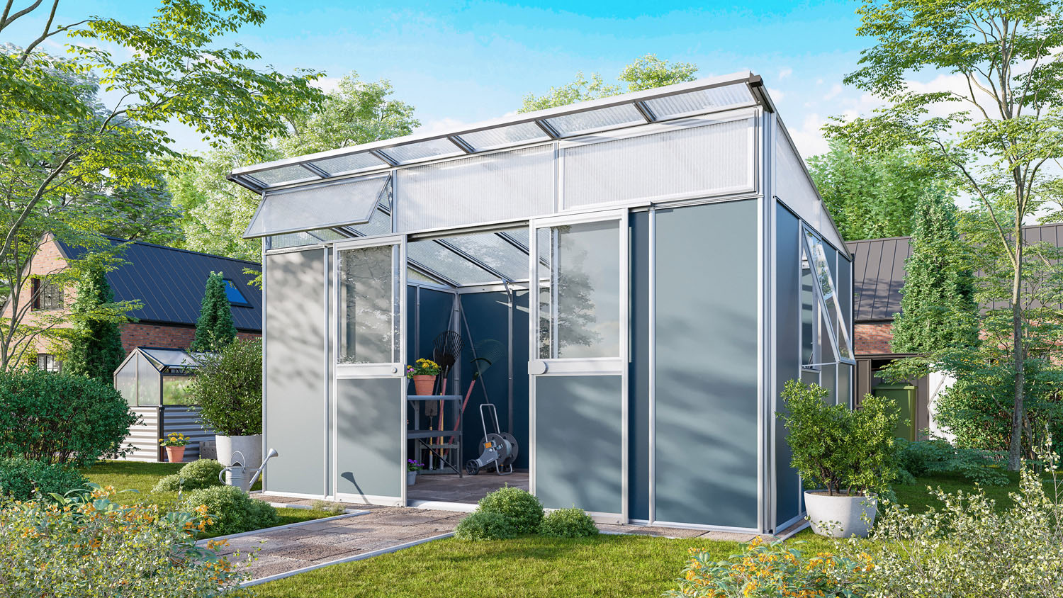 Premium Gerätehaus Kosmos 11500, Farbe: Aluminium eloxiert, verglast mit: Sicherheitsglas (ESG)