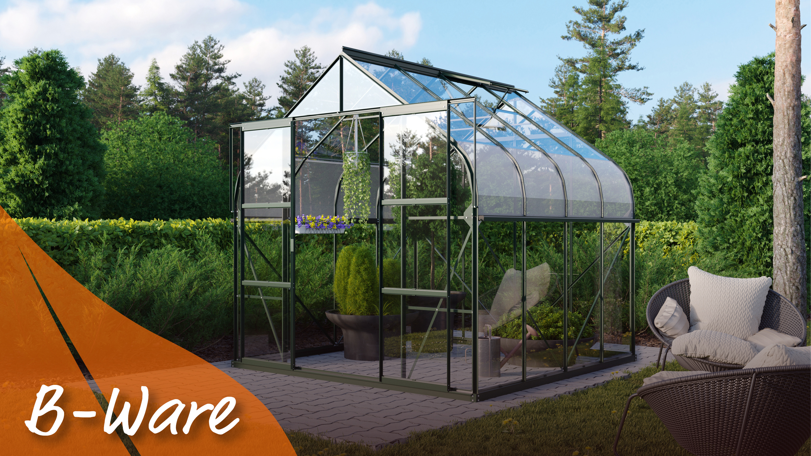 Gewächshaus Dione 6700 mit Glockendach, Farbe: Smaragd pulverbeschichtet, verglast mit: Sicherheitsglas (ESG)