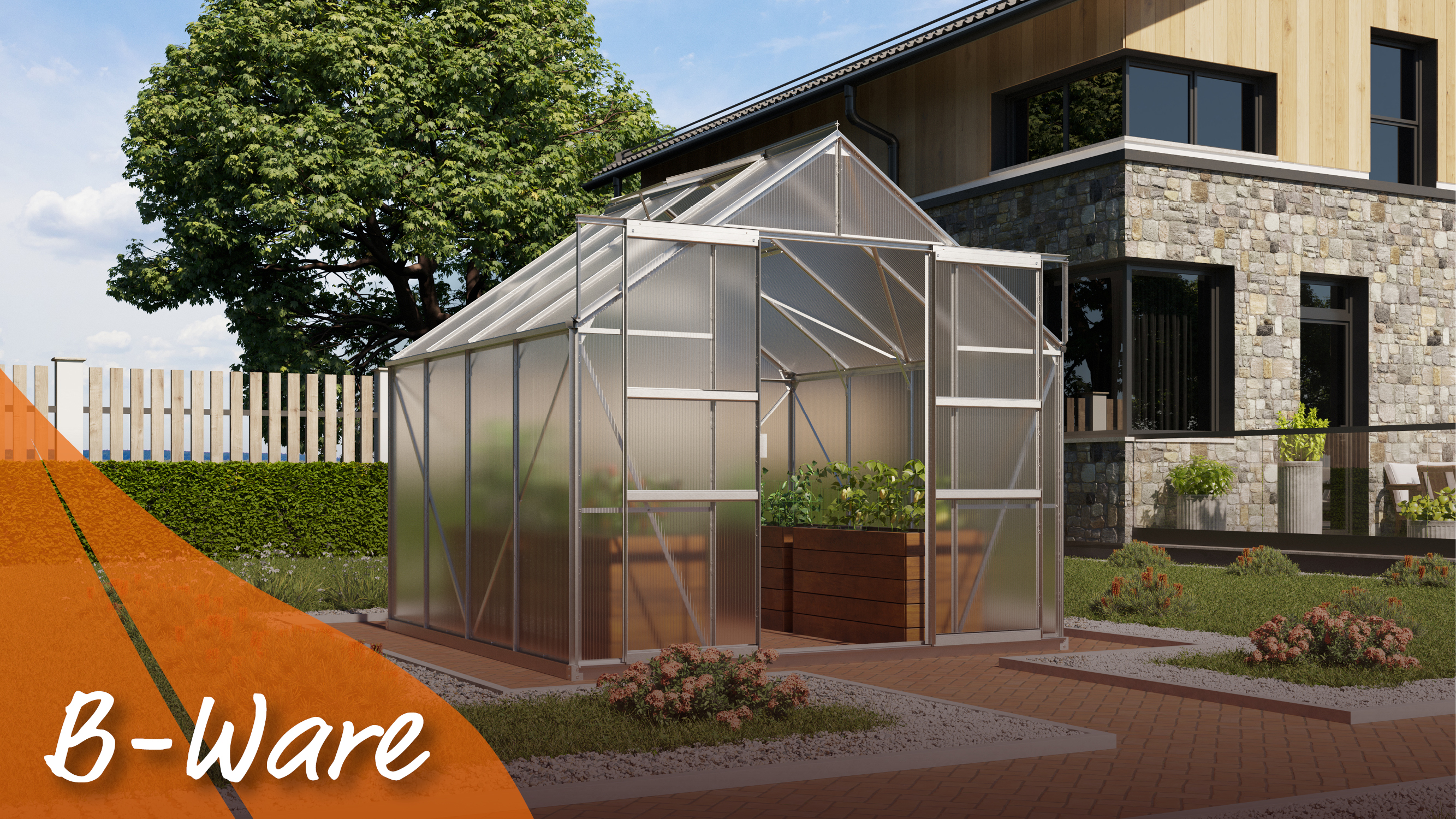 Gewächshaus Mars 6700 in Alu eloxiert 6700 mit Satteldach, Farbe: Aluminium eloxiert, verglast mit: Hohlkammerplatten (HKP)