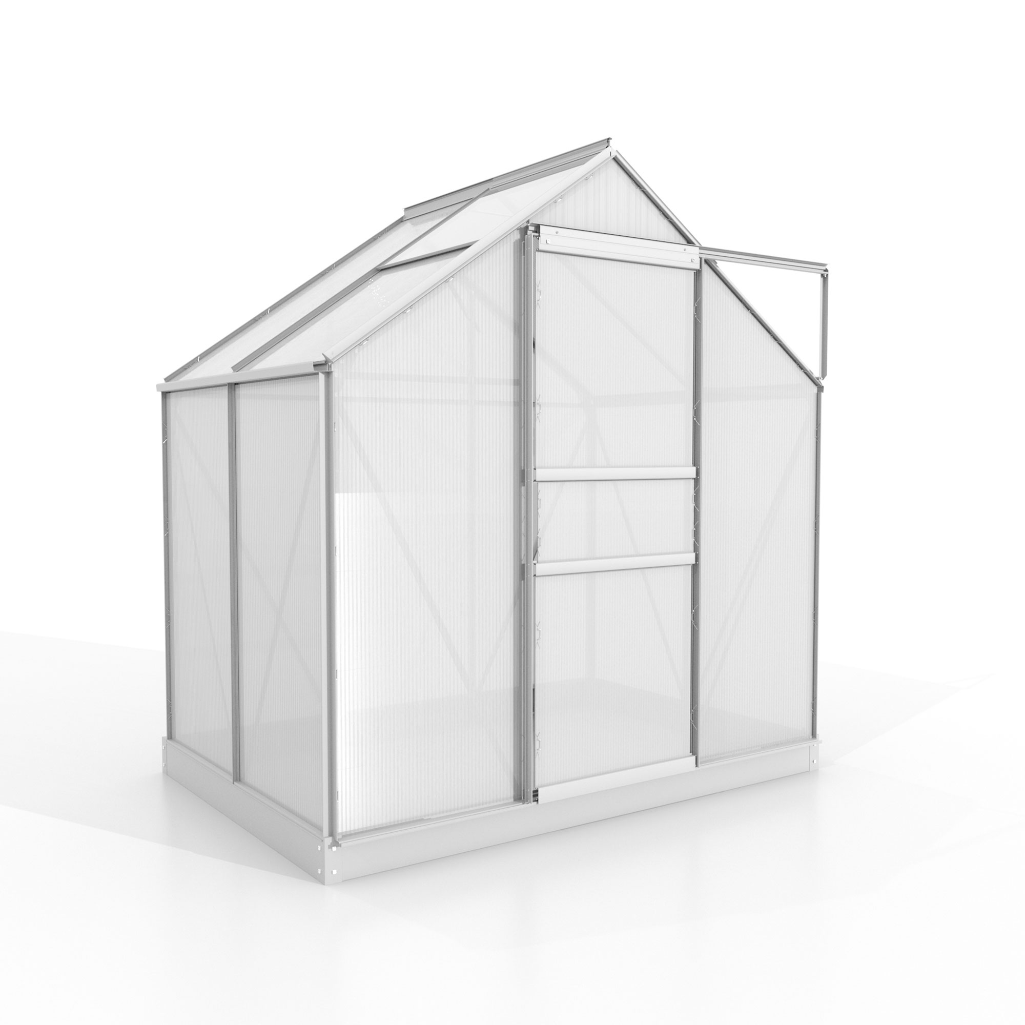 Gewächshaus Comet 2500 mit Satteldach, Farbe: Aluminium eloxiert, verglast mit: Hohlkammerplatten (HKP)