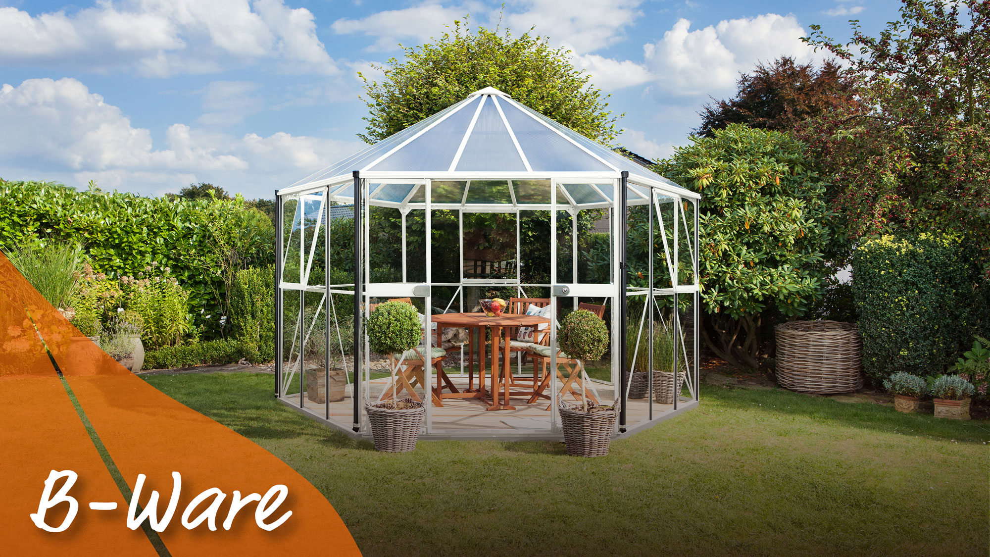 Gewächshaus Weißes Hera 9000 mit Glas 9000 mit Pavillondach, Farbe: Weiß pulverbeschichtet, verglast mit: Sicherheitsglas (ESG)