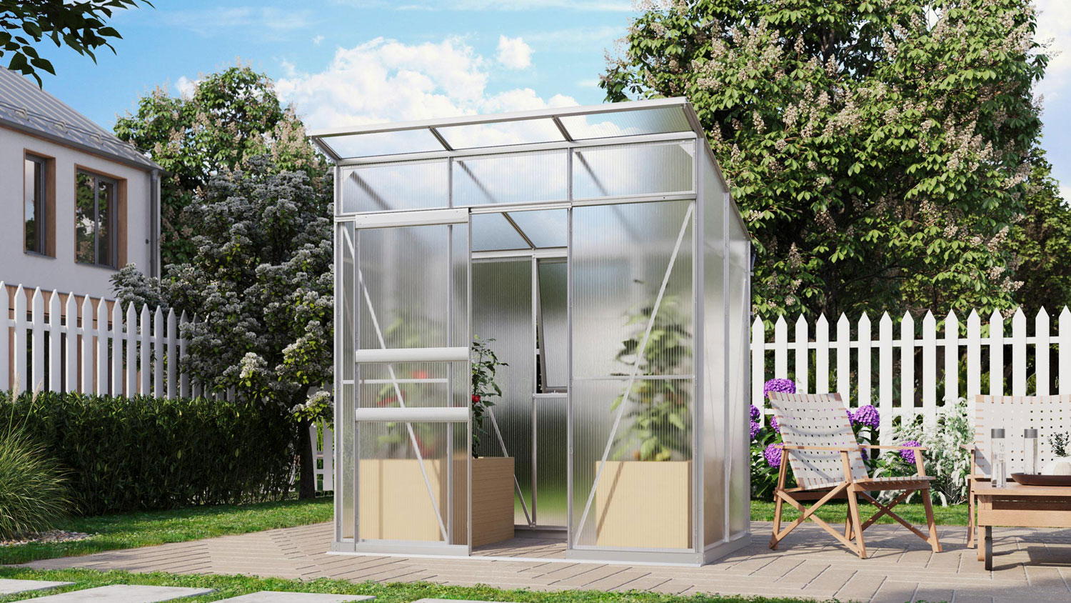Gewächshausneuheit Palma 3250 mit Pultdach, Farbe: Aluminium eloxiert, verglast mit: Hohlkammerplatten (HKP)