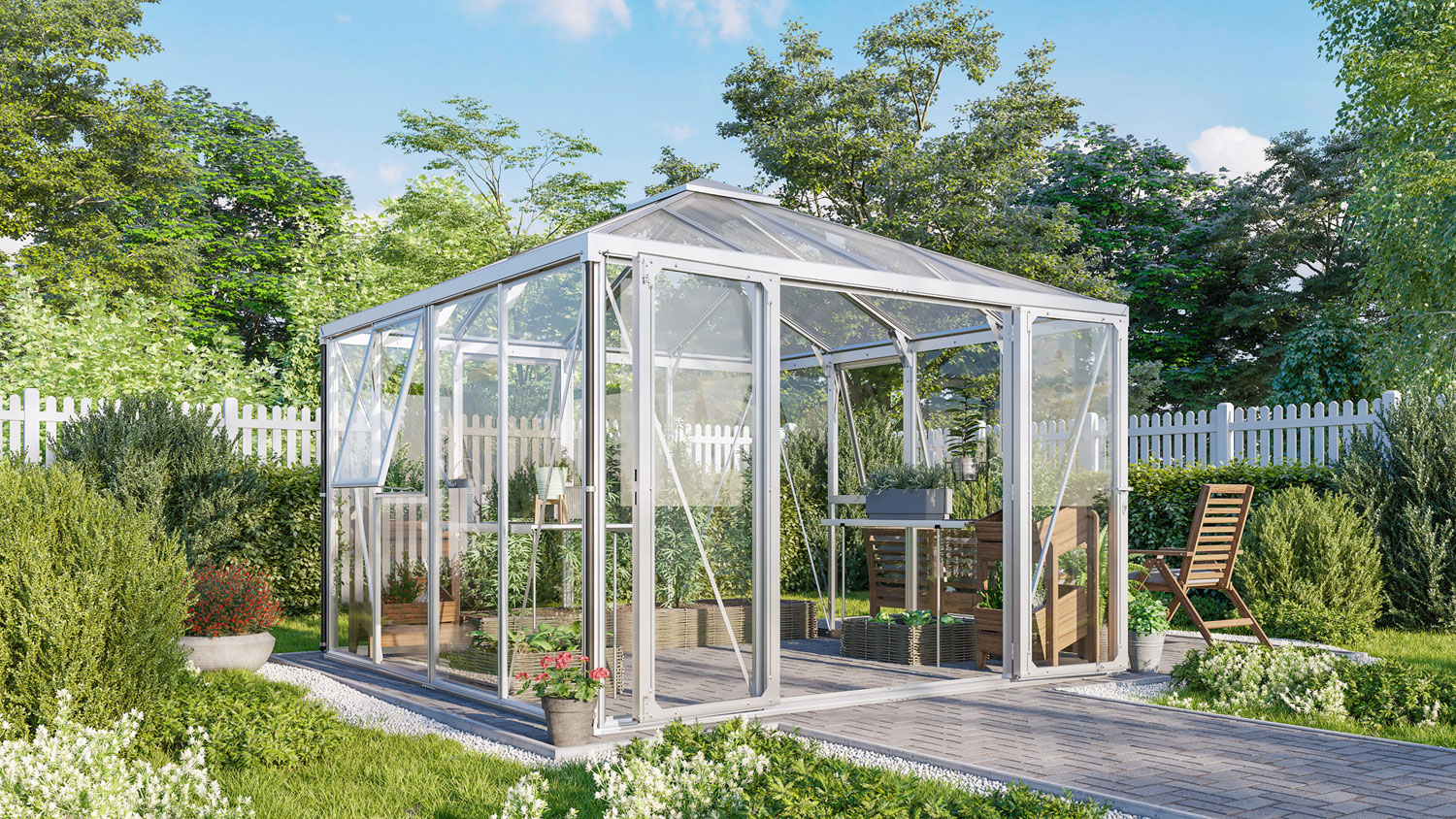 Gewächshaus Fortuna 10200 mit Pavillondach, Farbe: Aluminium eloxiert, verglast mit: Sicherheitsglas (ESG)