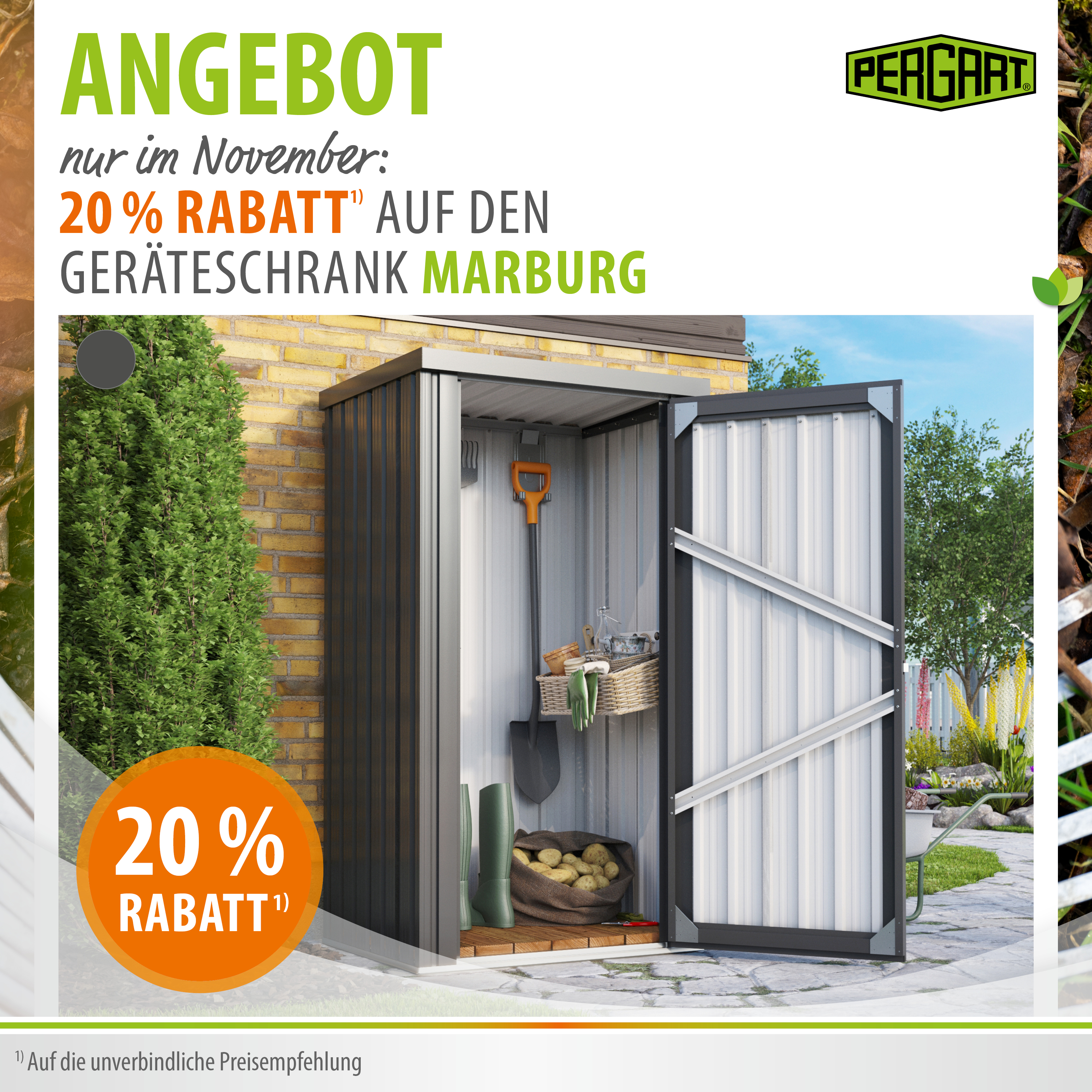 Aktions-Banner November 2026 20% auf den Pergart Geräteschrank Marburg