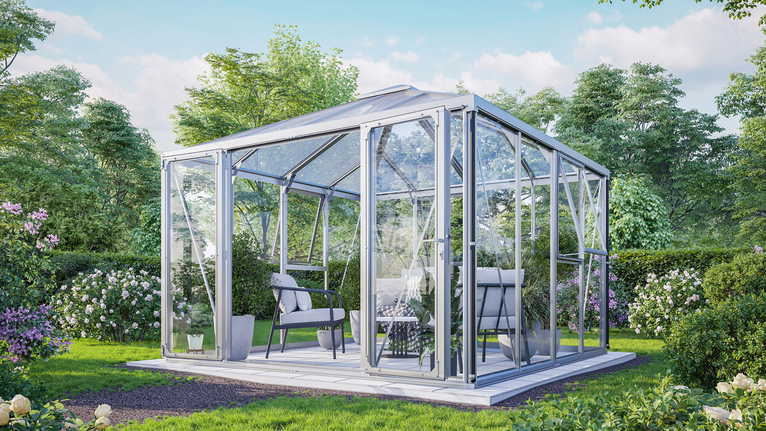 Gewächshaus Fortuna 10200 mit Pavillondach, Farbe: Aluminium eloxiert, verglast mit: Sicherheitsglas (ESG)