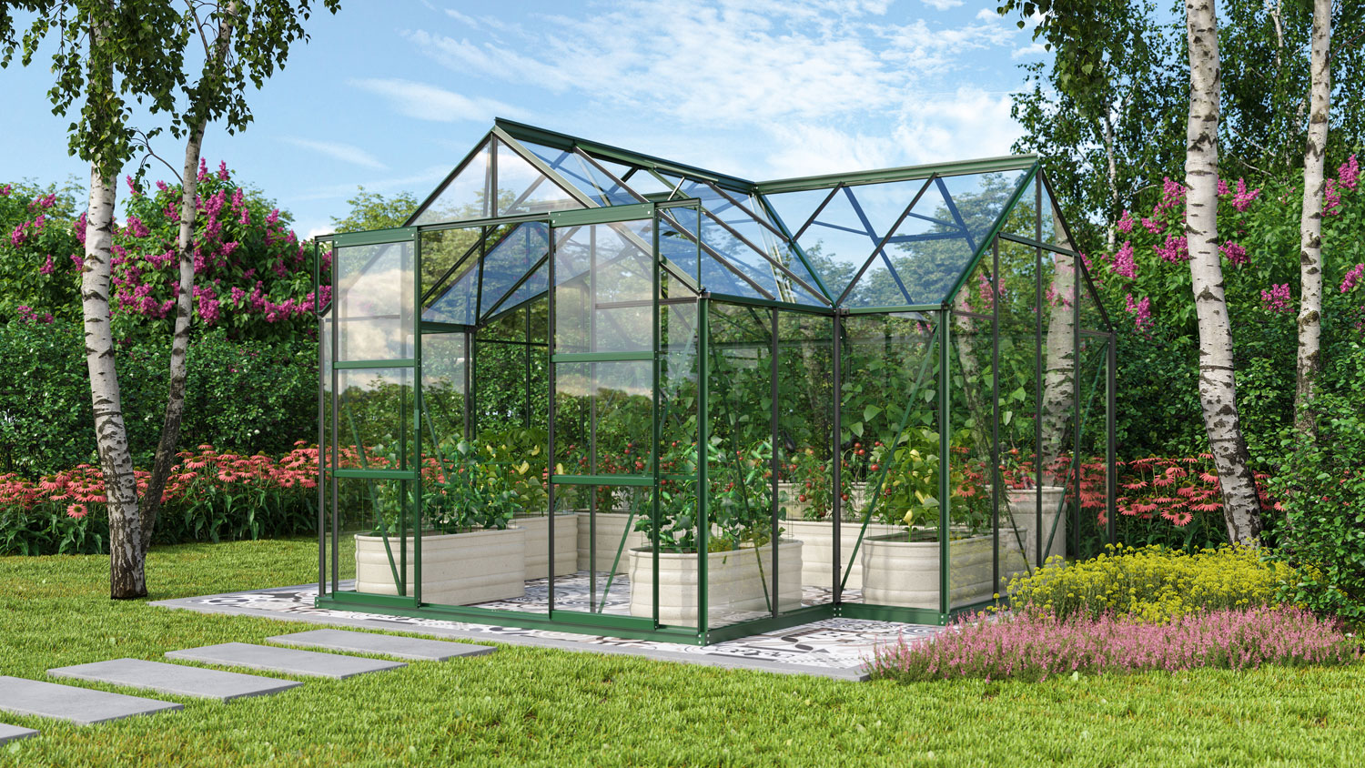 Gewächshaus Sirona 13000, Farbe: Smaragd pulverbeschichtet, verglast mit: Sicherheitsglas (ESG)