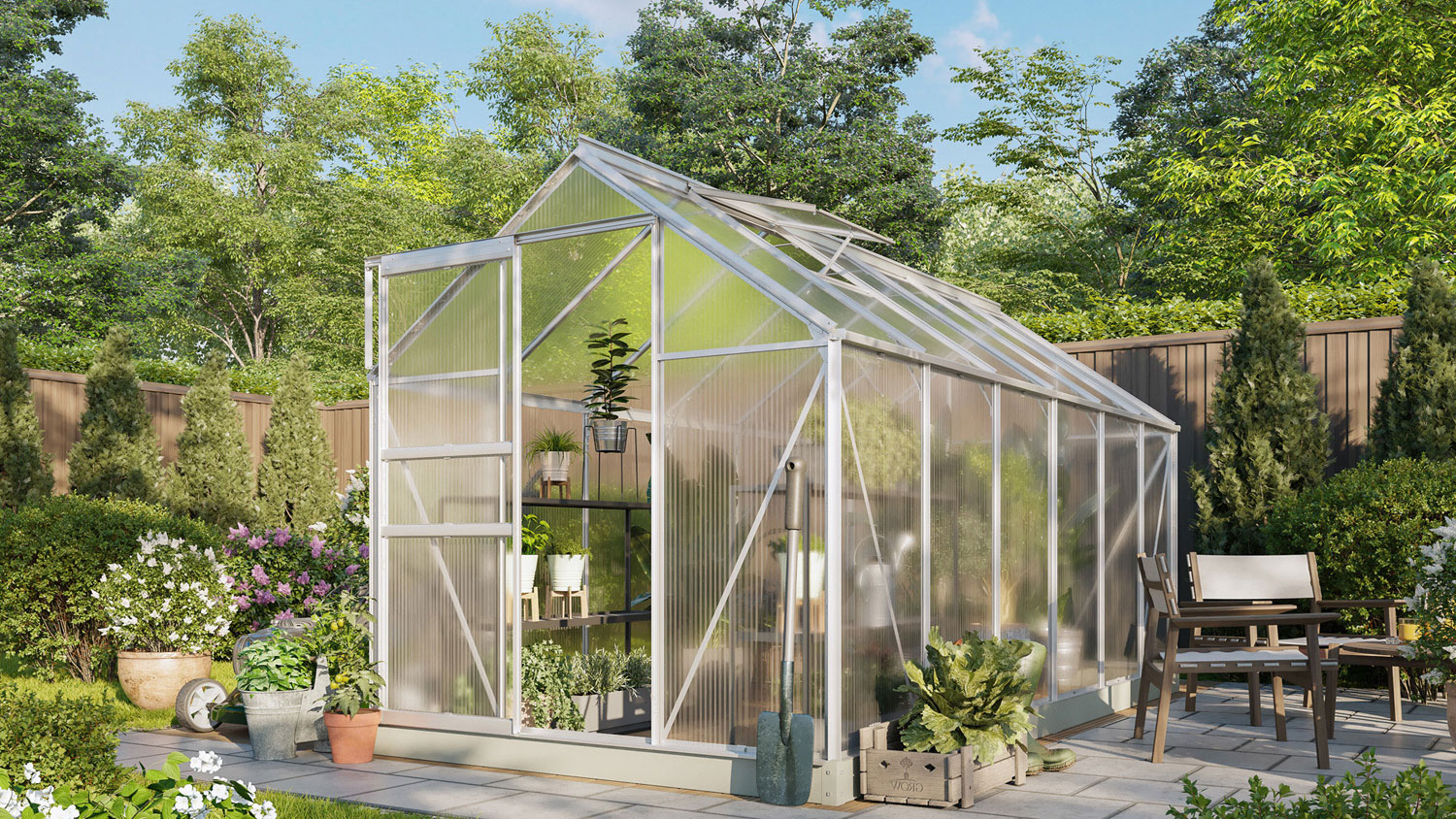 Gewächshaus Comet 7500 im Angebot 7500 mit Satteldach, Farbe: Aluminium eloxiert, verglast mit: Hohlkammerplatten (HKP)