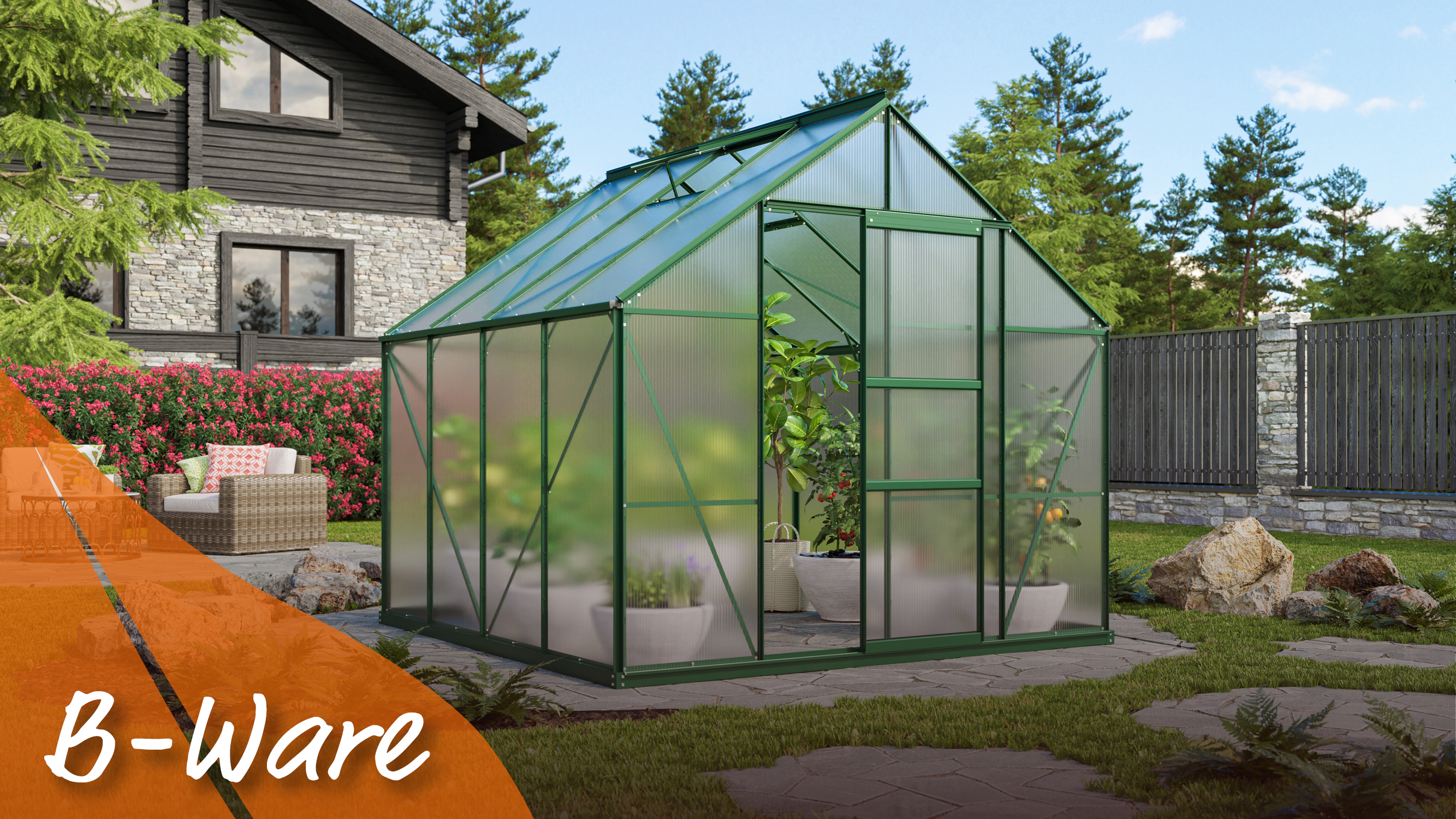 Gewächshaus Merkur 6700 mit Satteldach, Farbe: Smaragd pulverbeschichtet, verglast mit: Hohlkammerplatten (HKP)