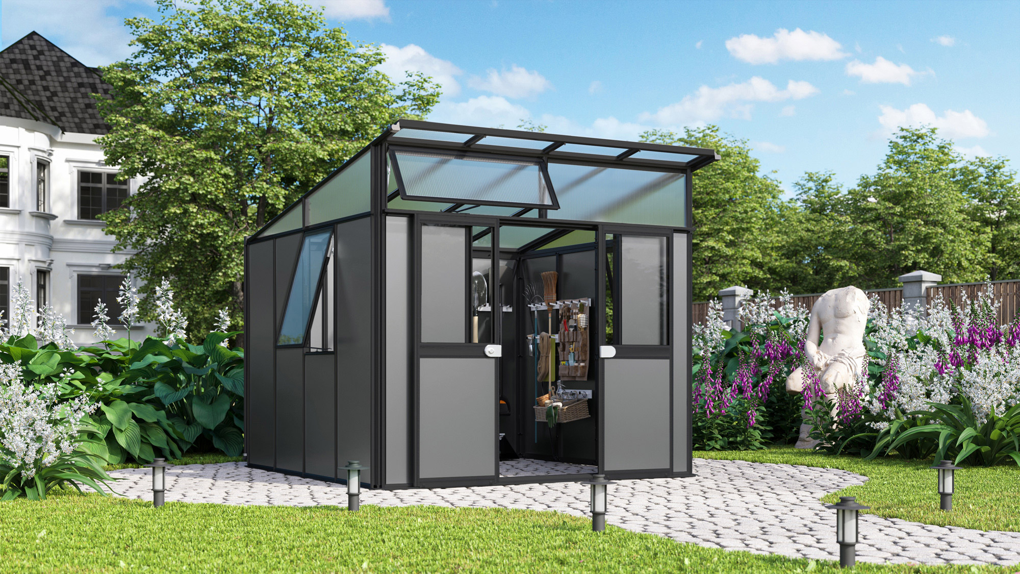 Premium Gerätehaus Kosmos Sondermodell 7800 mit Pultdach, Farbe: Schwarz pulverbeschichtet, verglast mit: Sicherheitsglas (ESG)