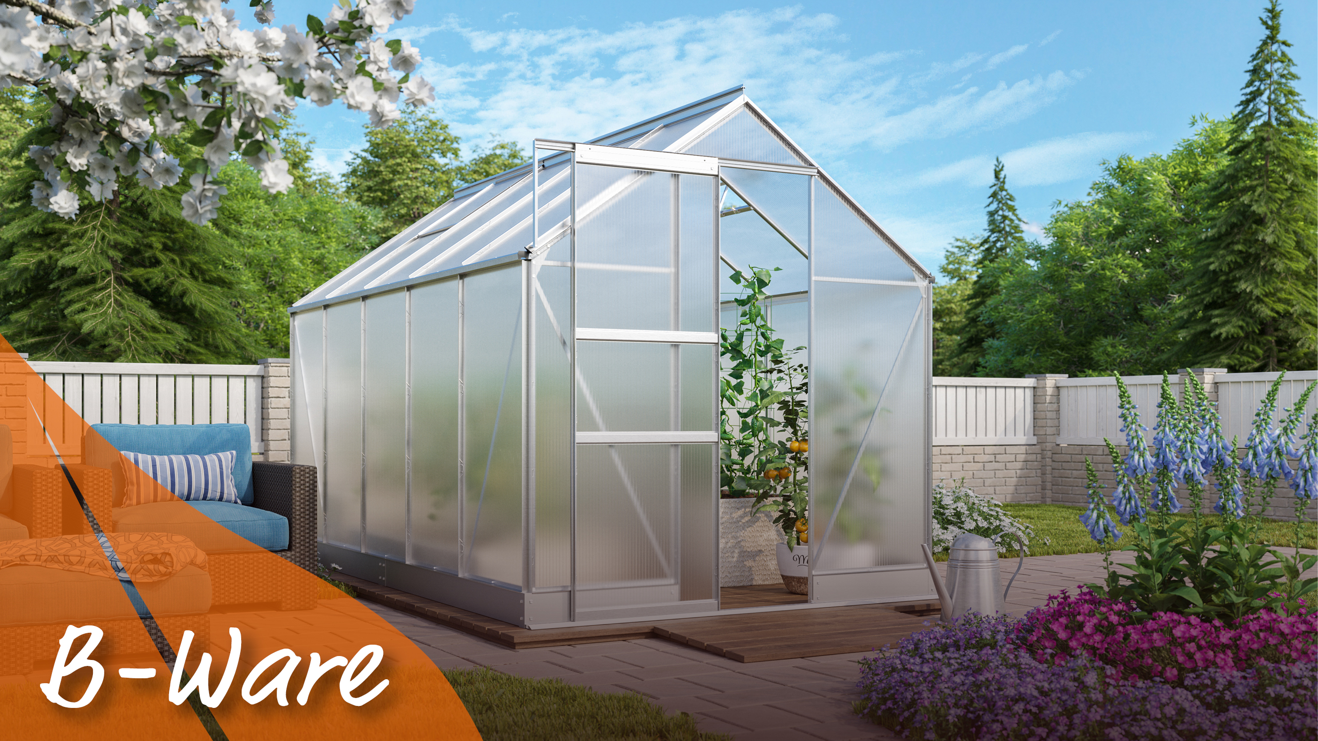 Gewächshaus Apollo 6200 mit Satteldach, Farbe: Aluminium eloxiert, verglast mit: Hohlkammerplatten (HKP)