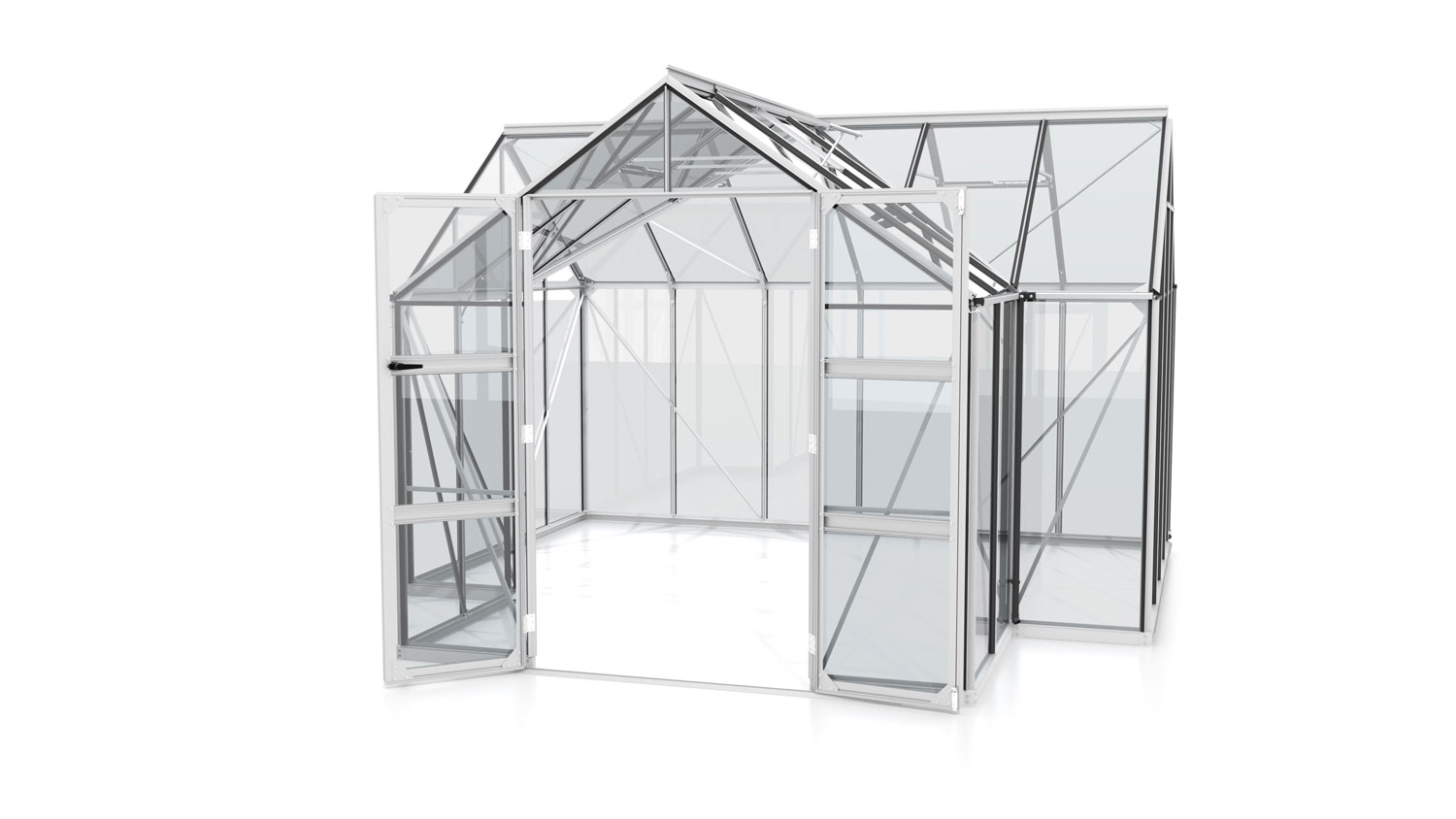 Gewächshaus Clarus 13000 mit Kreuzdach, Farbe: Aluminium eloxiert, verglast mit: Sicherheitsglas (ESG)