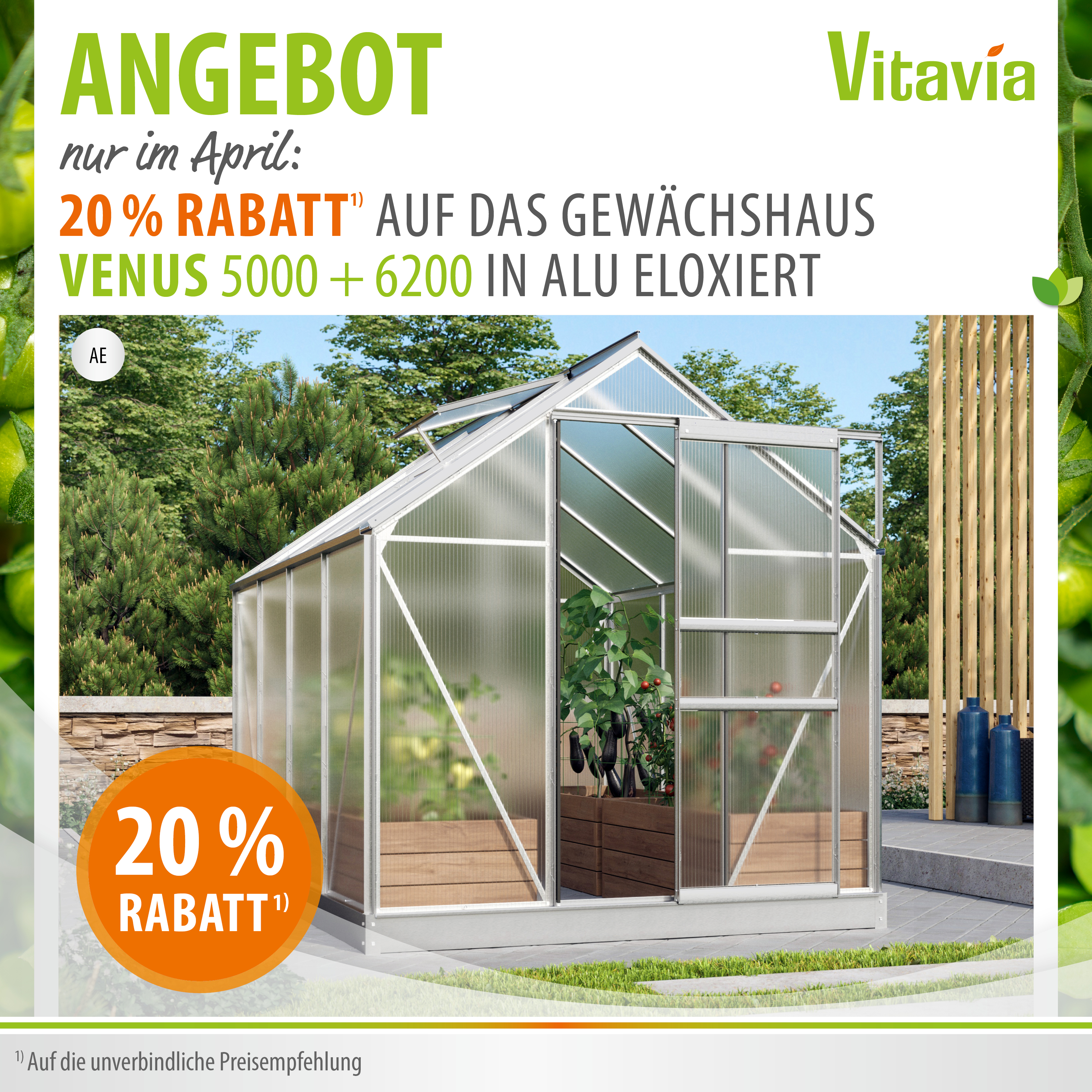 Werbebanner April 2026 20% auf Vitavia Gewächshaus Venus
