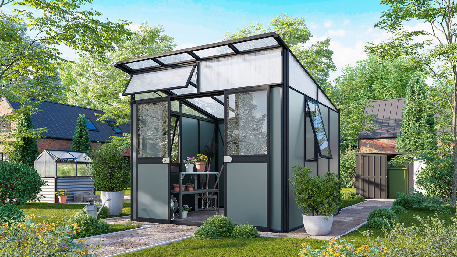 Premium Gerätehaus Kosmos 7800, Farbe: Schwarz pulverbeschichtet, verglast mit: Sicherheitsglas (ESG)