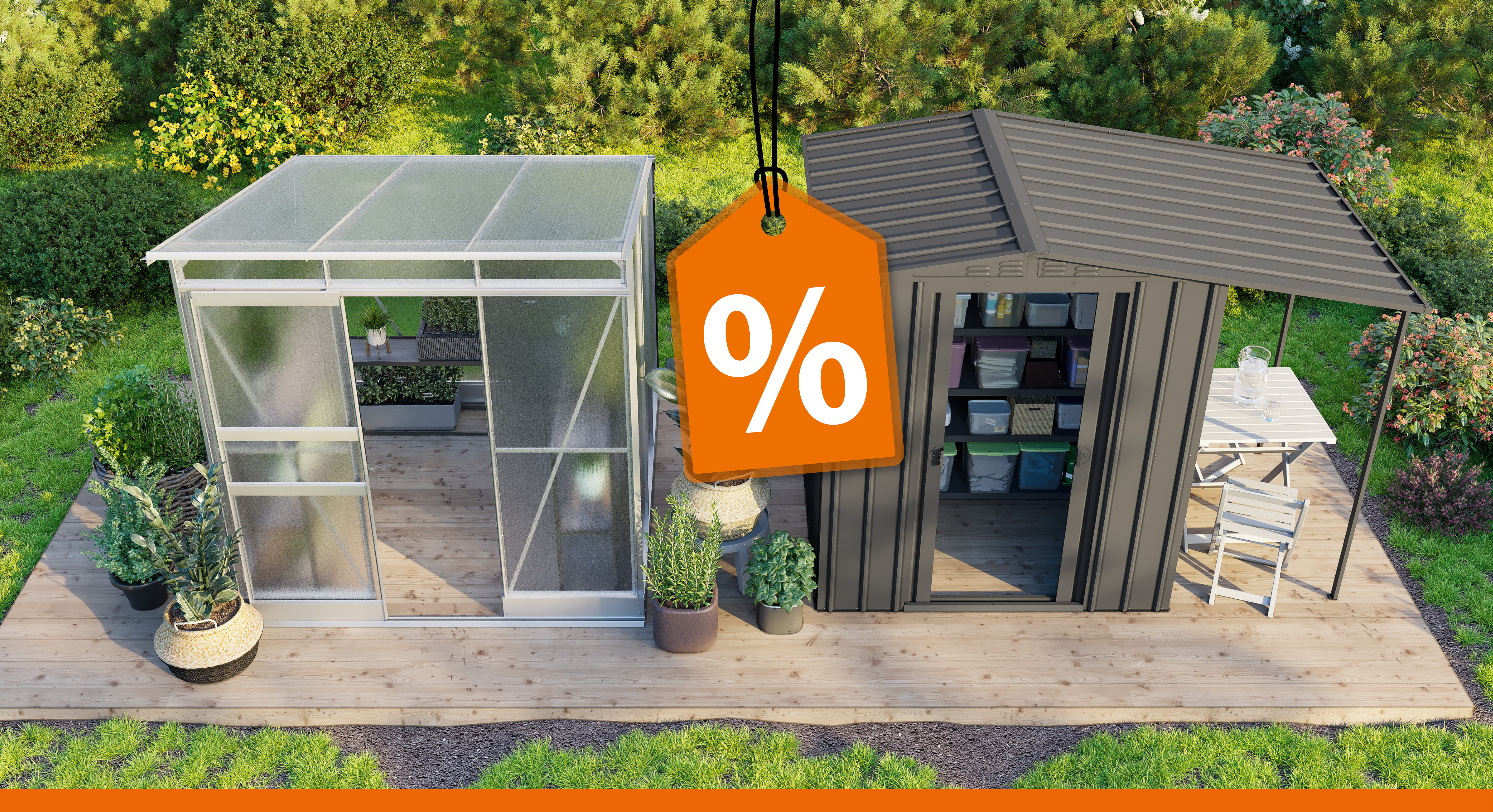 Bild mit Prozent-Etikett und Gewächshaus und Gerätehaus im Hintergund