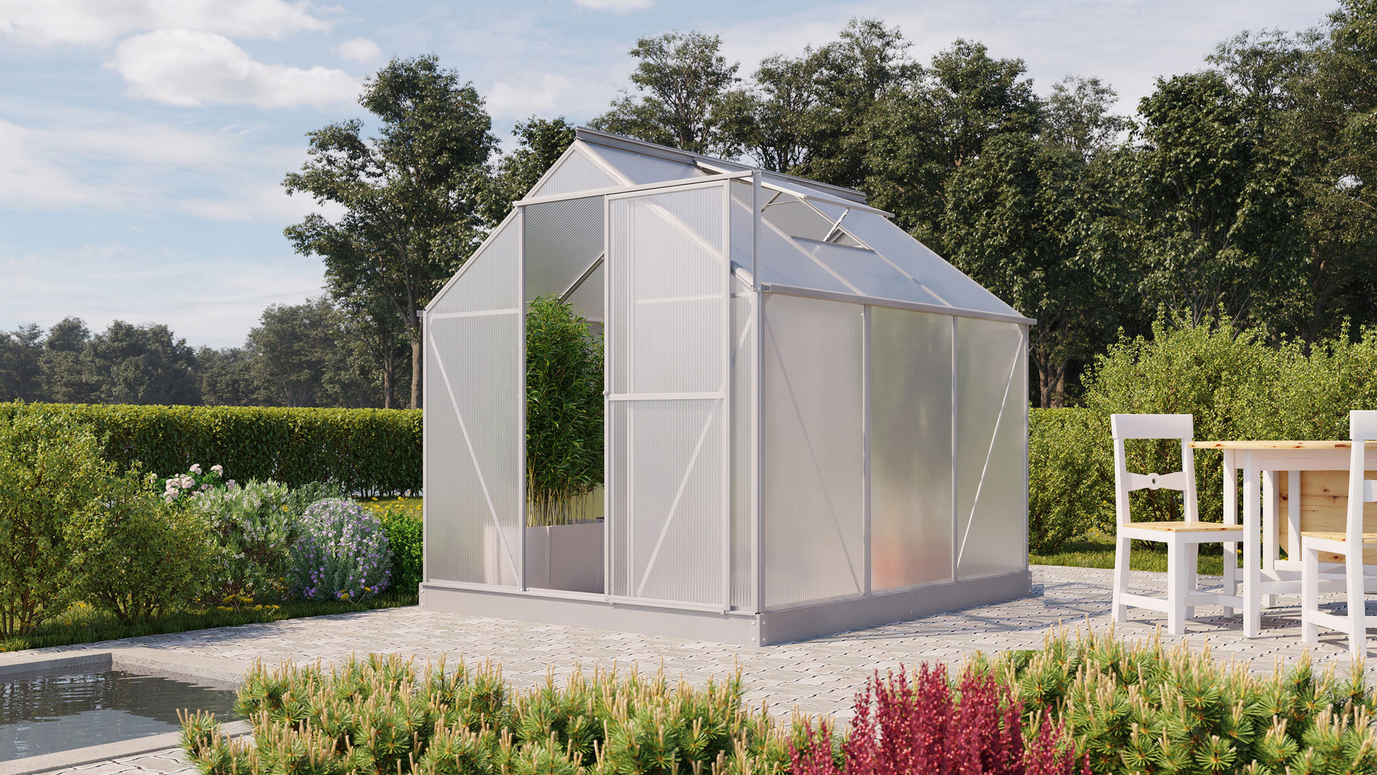 Gewächshaus Eos im Sonderangebot 4600 mit Satteldach, Farbe: Aluminium eloxiert, verglast mit: Hohlkammerplatten (HKP)