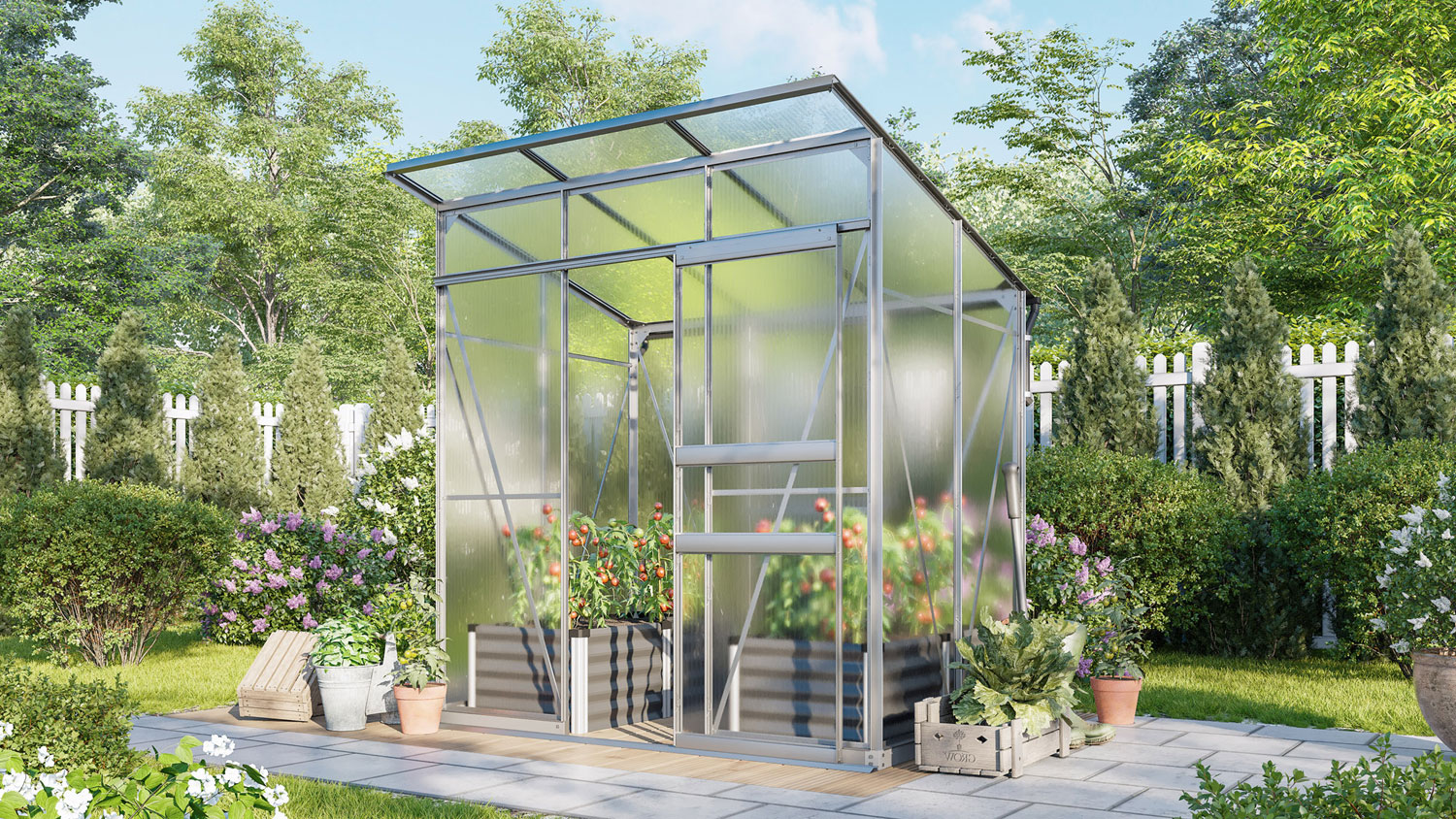 Gewächshaus Palma 3250 mit Pultdach, Farbe: Aluminium eloxiert, verglast mit: Hohlkammerplatten (HKP)