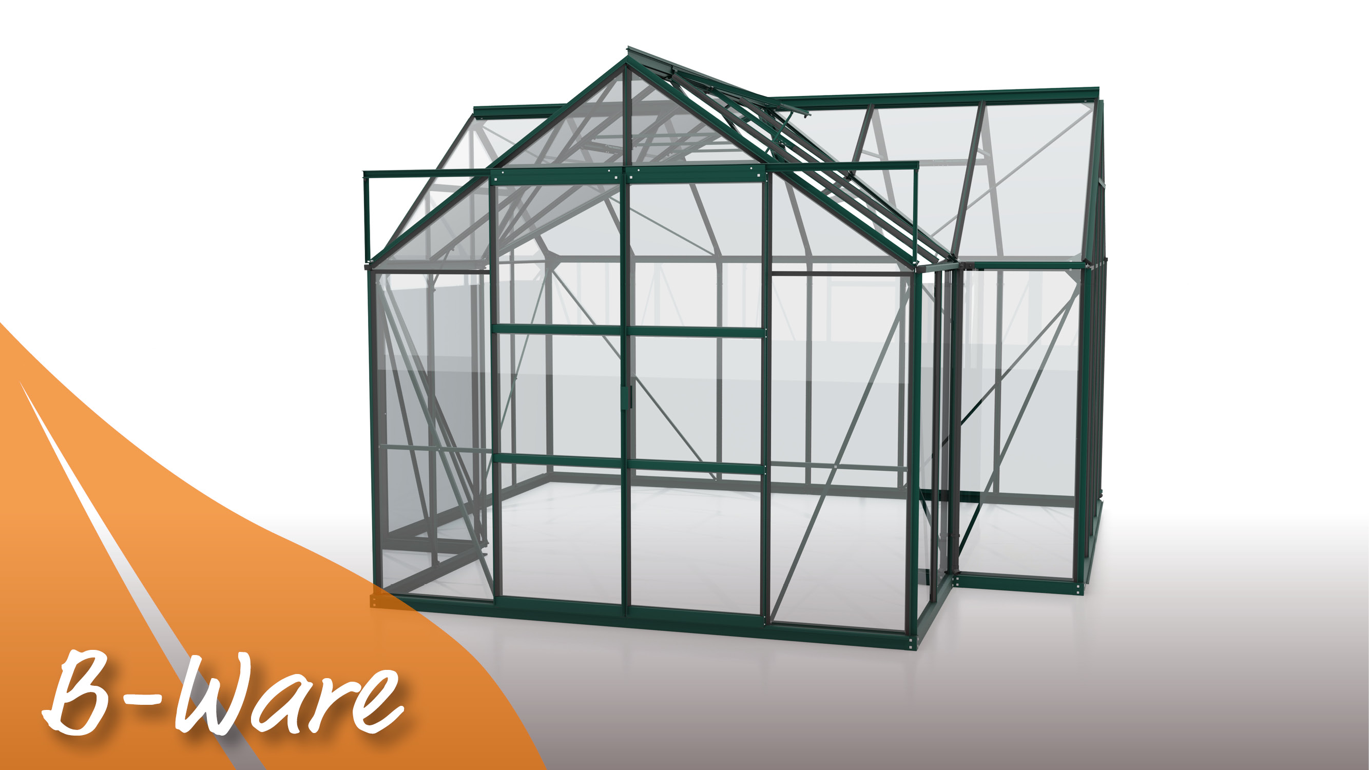 Vollverglast und in Smaragd: Sondermodell Sirius 13000 mit Kreuzdach, Farbe: Smaragd pulverbeschichtet, verglast mit: Sicherheitsglas (ESG)