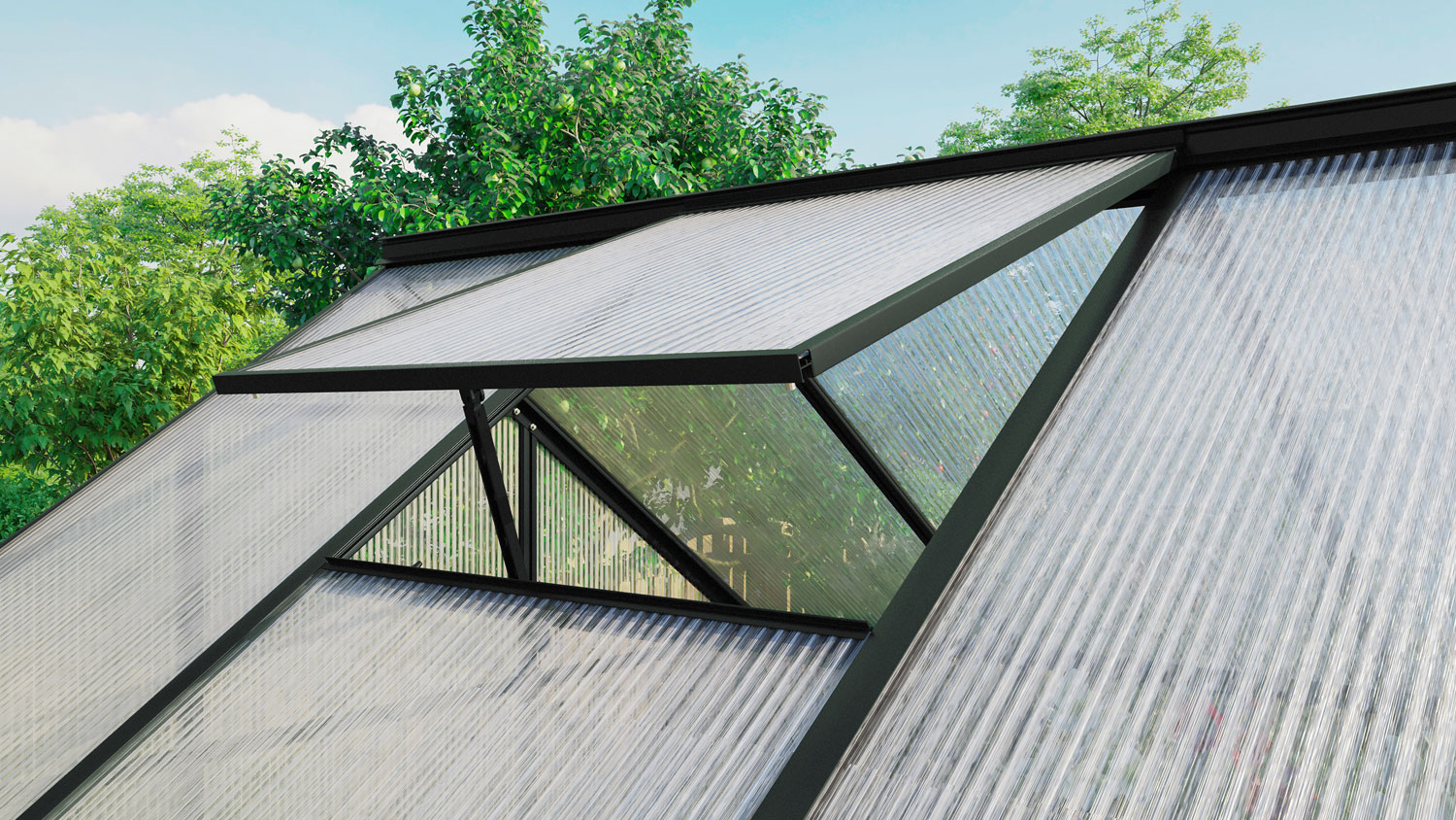 Detailaufnahme: Dachfenster vom Gewächshaus Triton Modellgrößen 2500-7500 in schwarzpulverbeschichtet