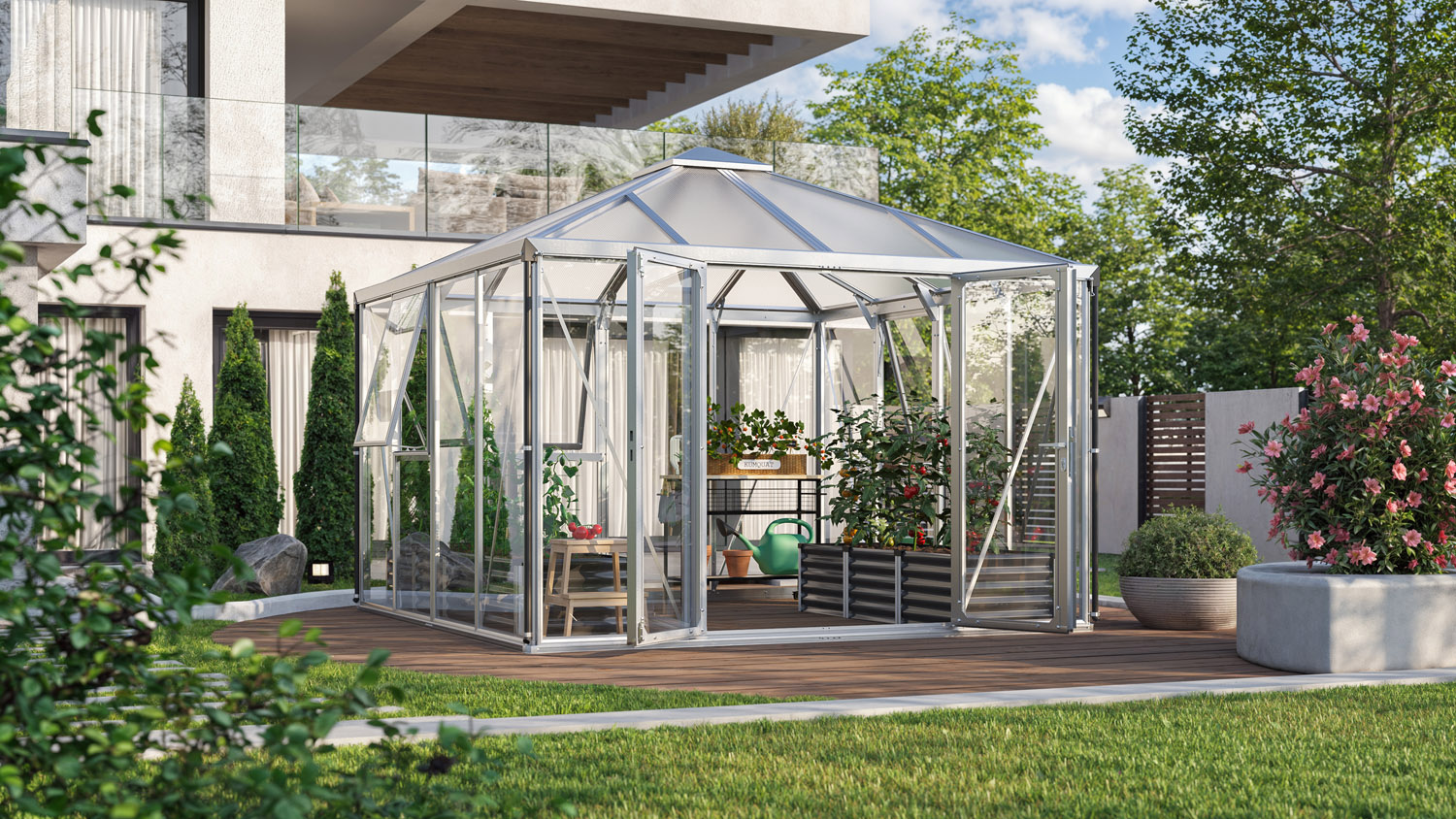 Gewächshaus Minos 10200 mit Pavillondach, Farbe: Aluminium eloxiert, verglast mit: Sicherheitsglas (ESG)