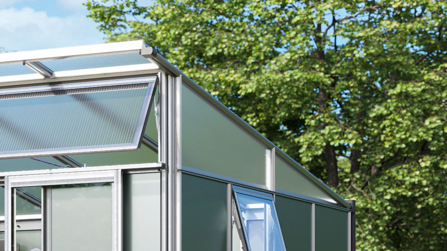 Gerätehaus Kosmos 7800 mit Pultdach, Farbe: Aluminium eloxiert, verglast mit: Sicherheitsglas (ESG)