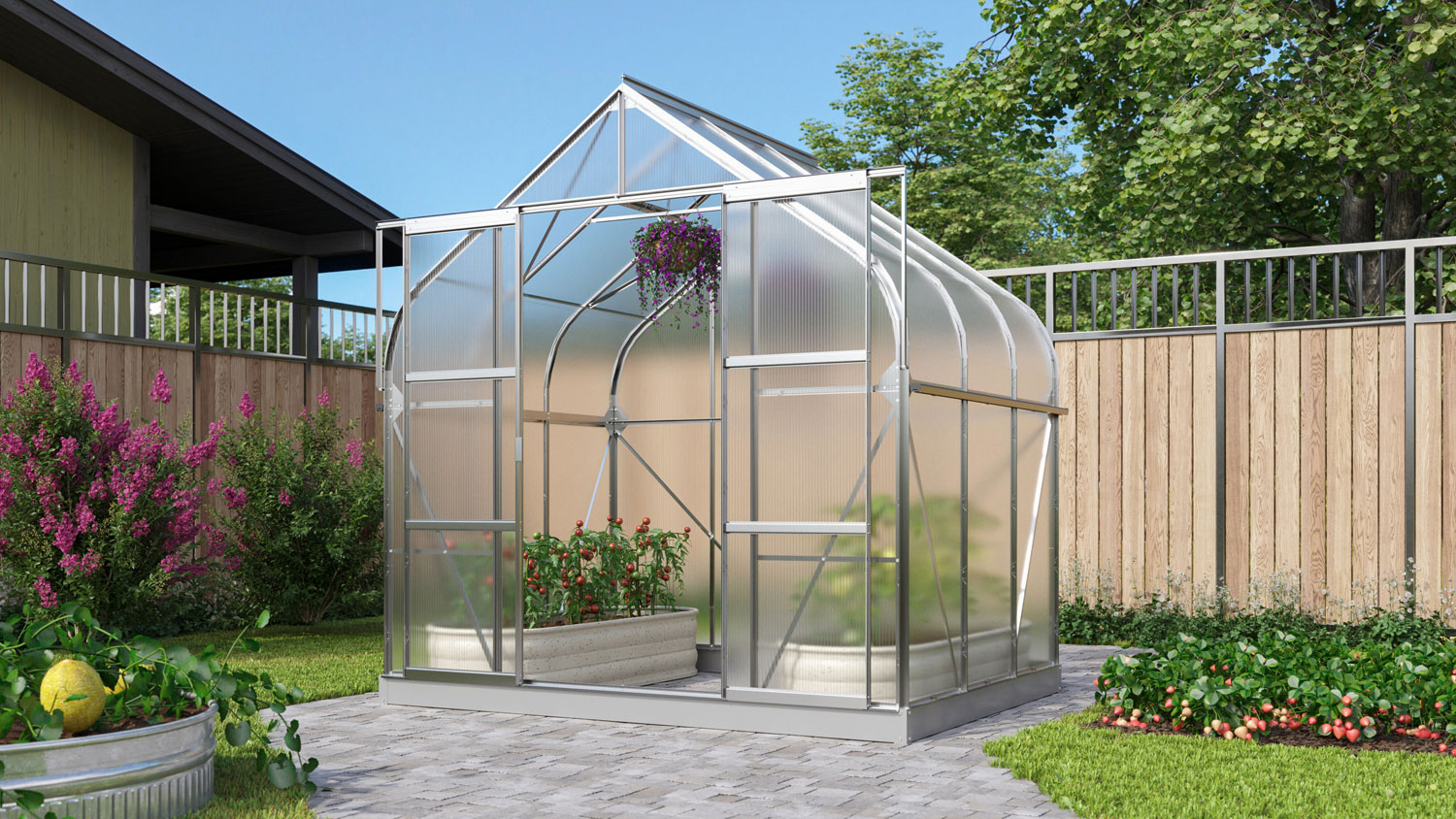 Gewächshaus Dione 5000 mit Glockendach, Farbe: Aluminium eloxiert, verglast mit: Hohlkammerplatten (HKP)