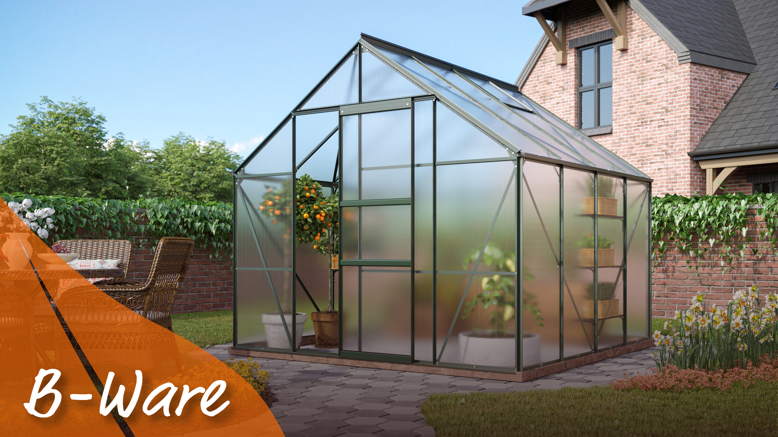 Gewächshaus Merkur 6700 mit Satteldach, Farbe: Smaragd pulverbeschichtet, verglast mit: Hohlkammerplatten (HKP)