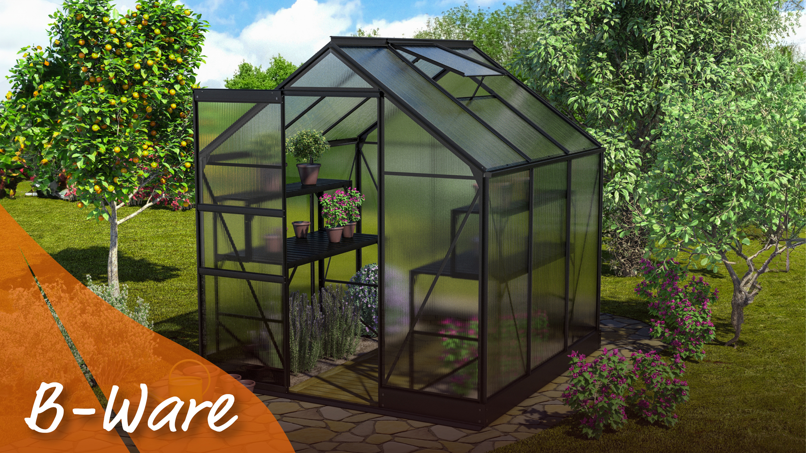 Apollo 3800 mit Satteldach, Farbe: Schwarz pulverbeschichtet, verglast mit: Hohlkammerplatten (HKP)