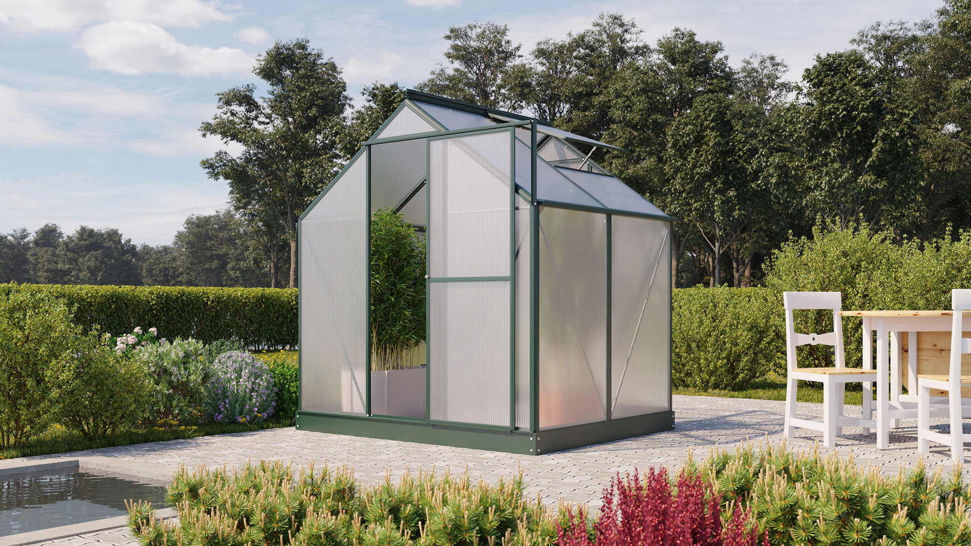 Gewächshaus Eos im Sonderangebot 3100, Farbe: Smaragd pulverbeschichtet, verglast mit: Hohlkammerplatten (HKP)