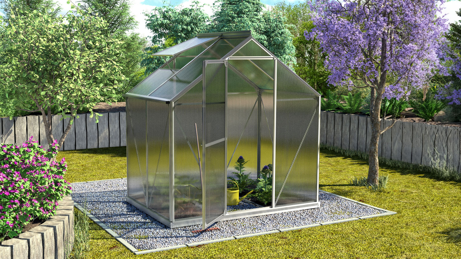 Gewächshaus Triton 2500 mit Satteldach, Farbe: Aluminium eloxiert, verglast mit: Hohlkammerplatten (HKP)