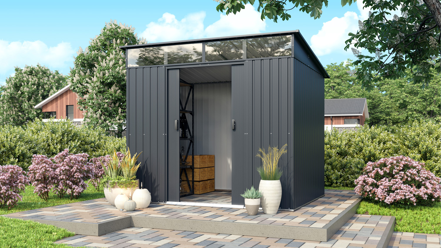 Gerätehaus Lübeck 86 mit Pultdach, Farbe: Anthrazit matt