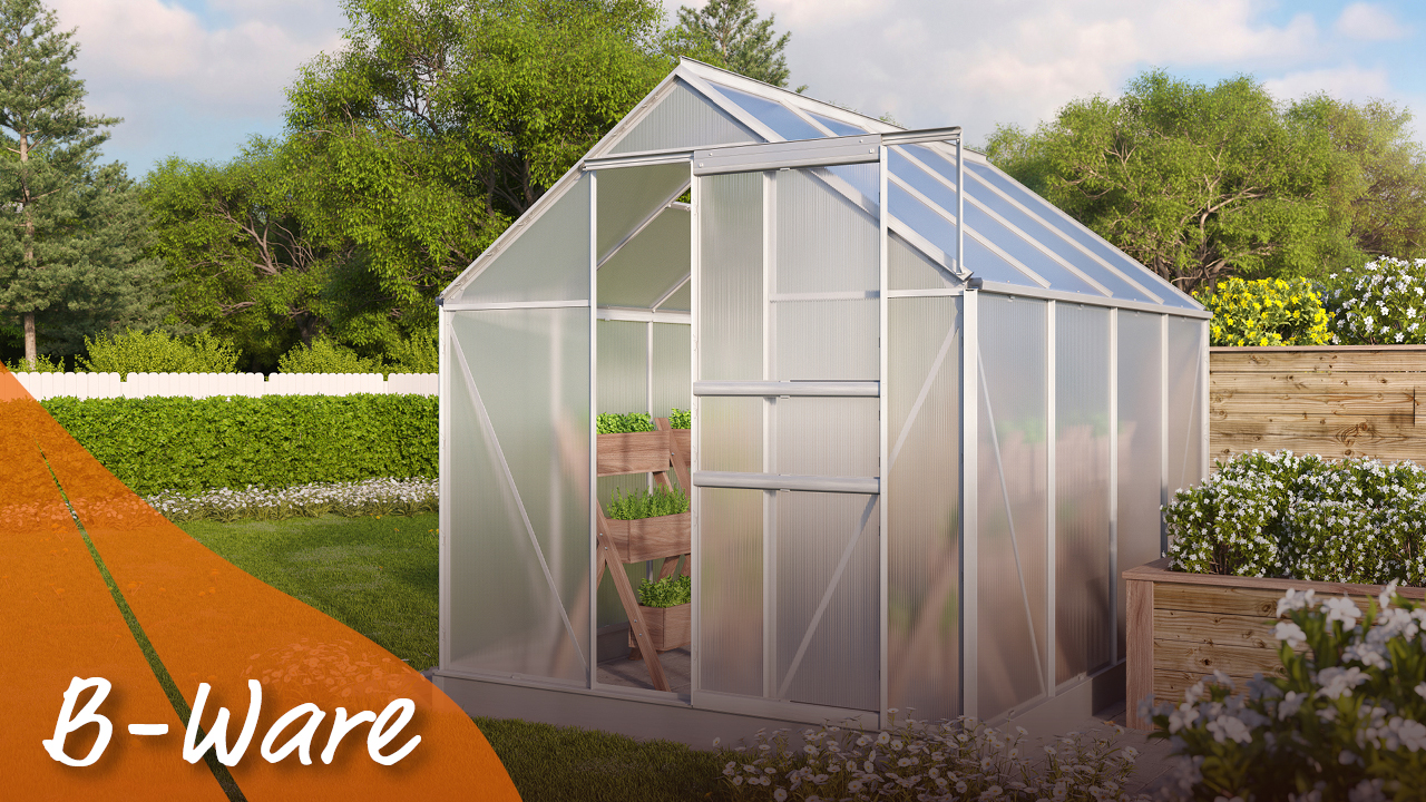 Gewächshaus Comet 5000 mit Satteldach, Farbe: Aluminium eloxiert, verglast mit: Hohlkammerplatten (HKP)