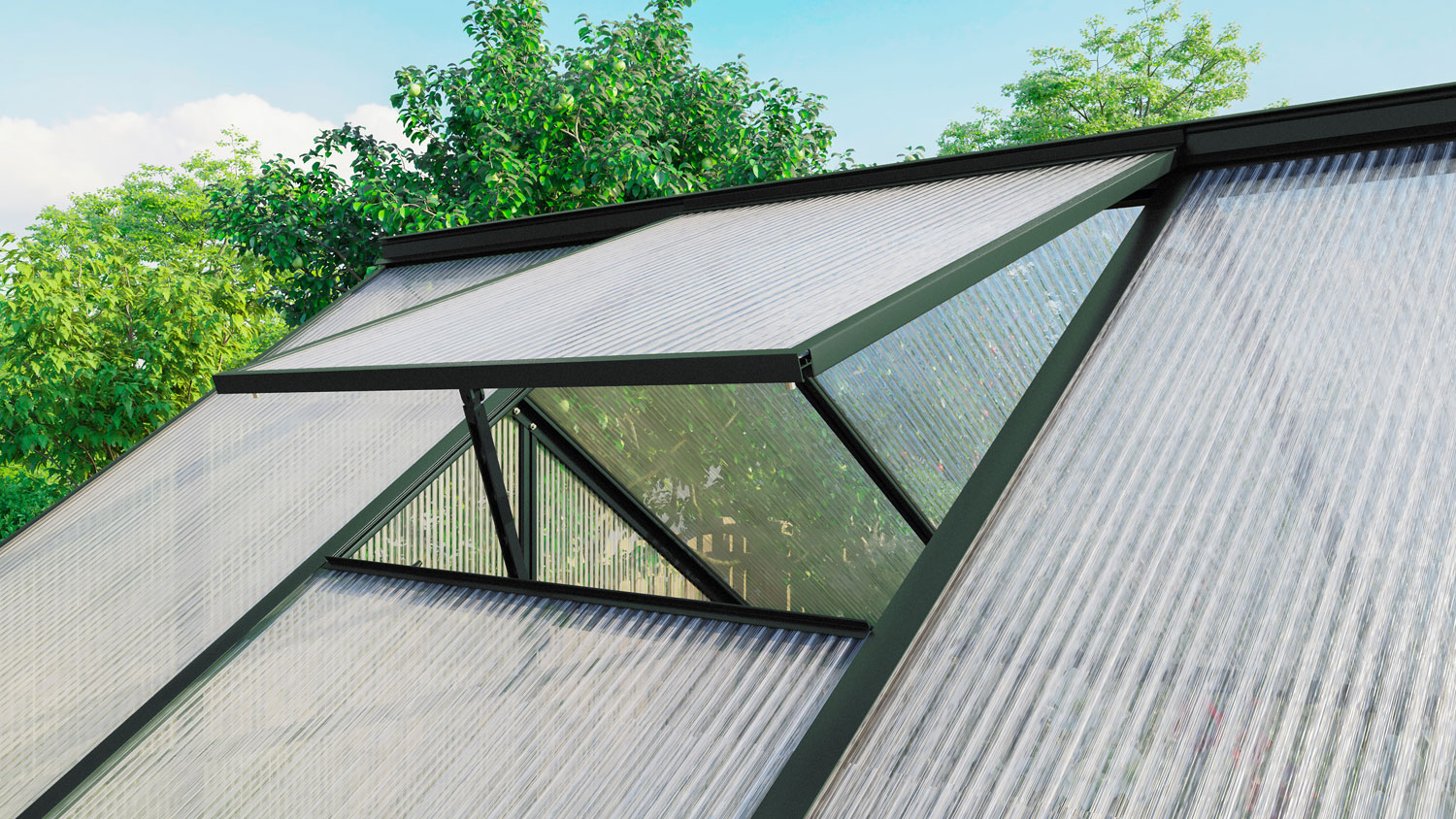 Detailaufnahme: Dachfenster vom Gewächshaus Triton Modellgrößen 2500-7500 in smaragd pulverbeschichtet