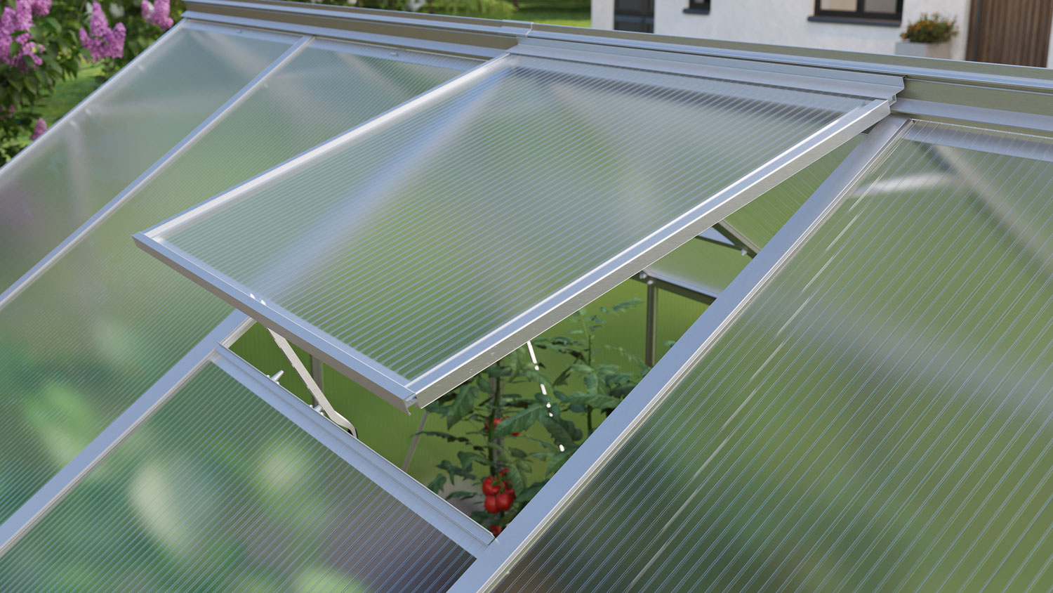 Gewächshaus Eos im Sonderangebot 4600 mit Satteldach, Farbe: Aluminium eloxiert, verglast mit: Hohlkammerplatten (HKP)